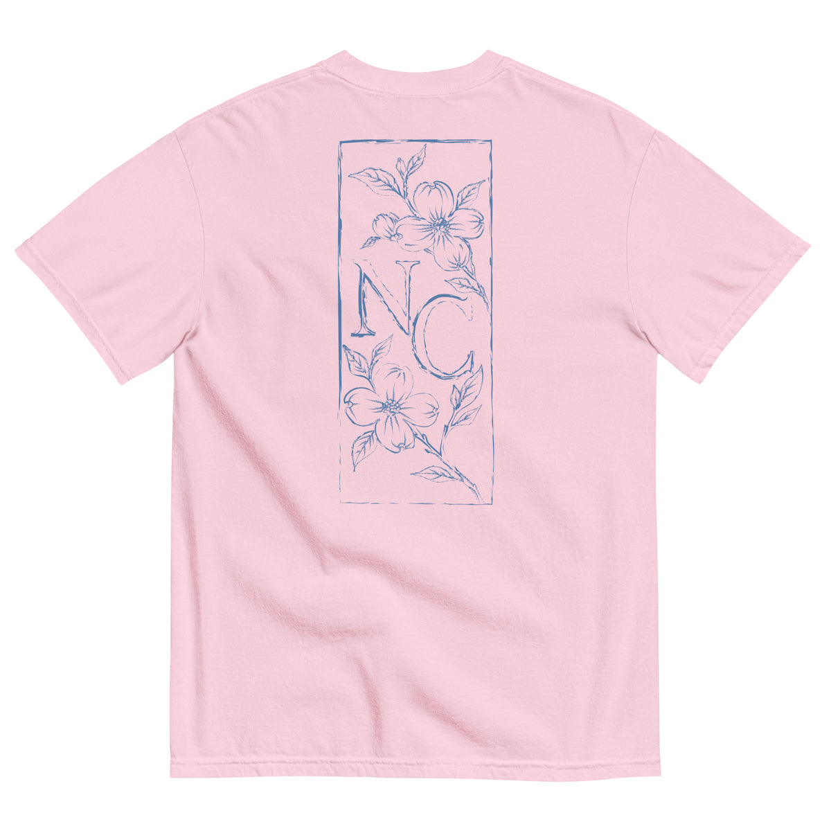 Dogwood State Midweight Tee in Blossom - back, hand-drawn dogwood blossoms framing NC