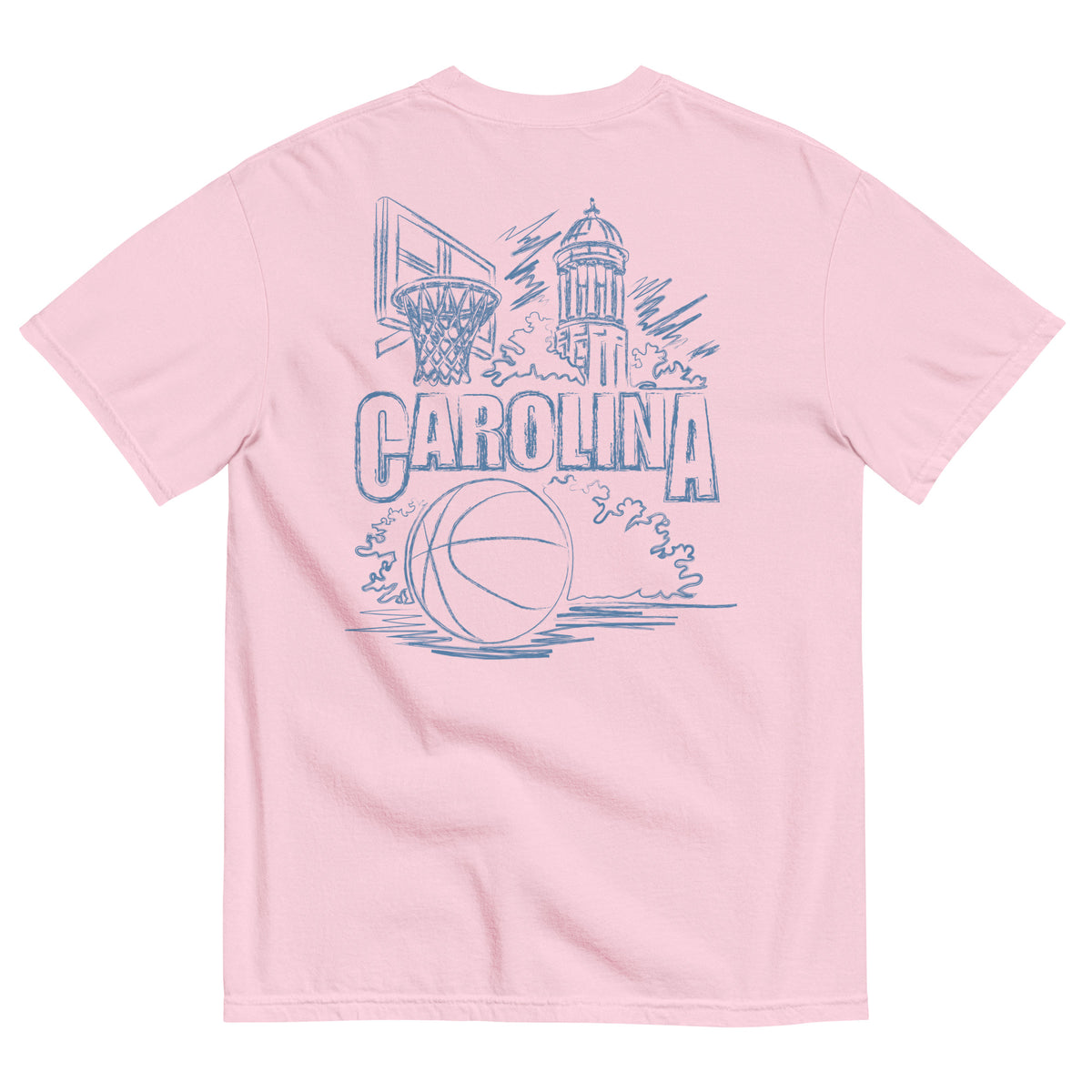 North Cackalackie Midweight Tee in Blossom - back, hand-drawn basketball, hoop, and bell tower sketch