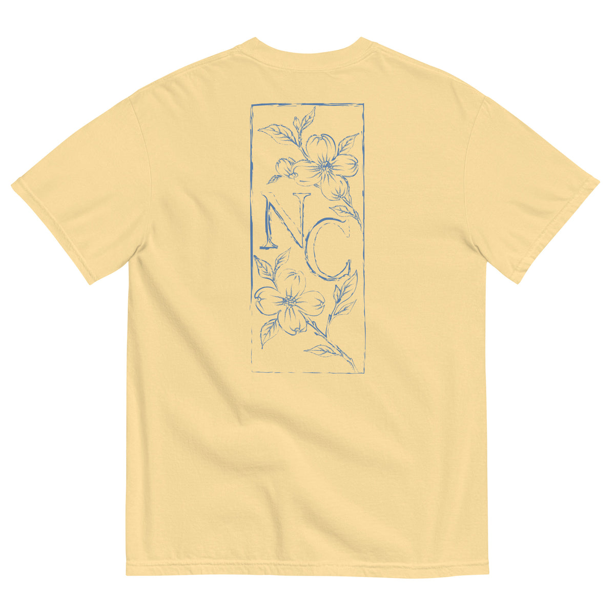 Dogwood State Midweight Tee in Butter - back, hand-drawn dogwood blossoms framing NC