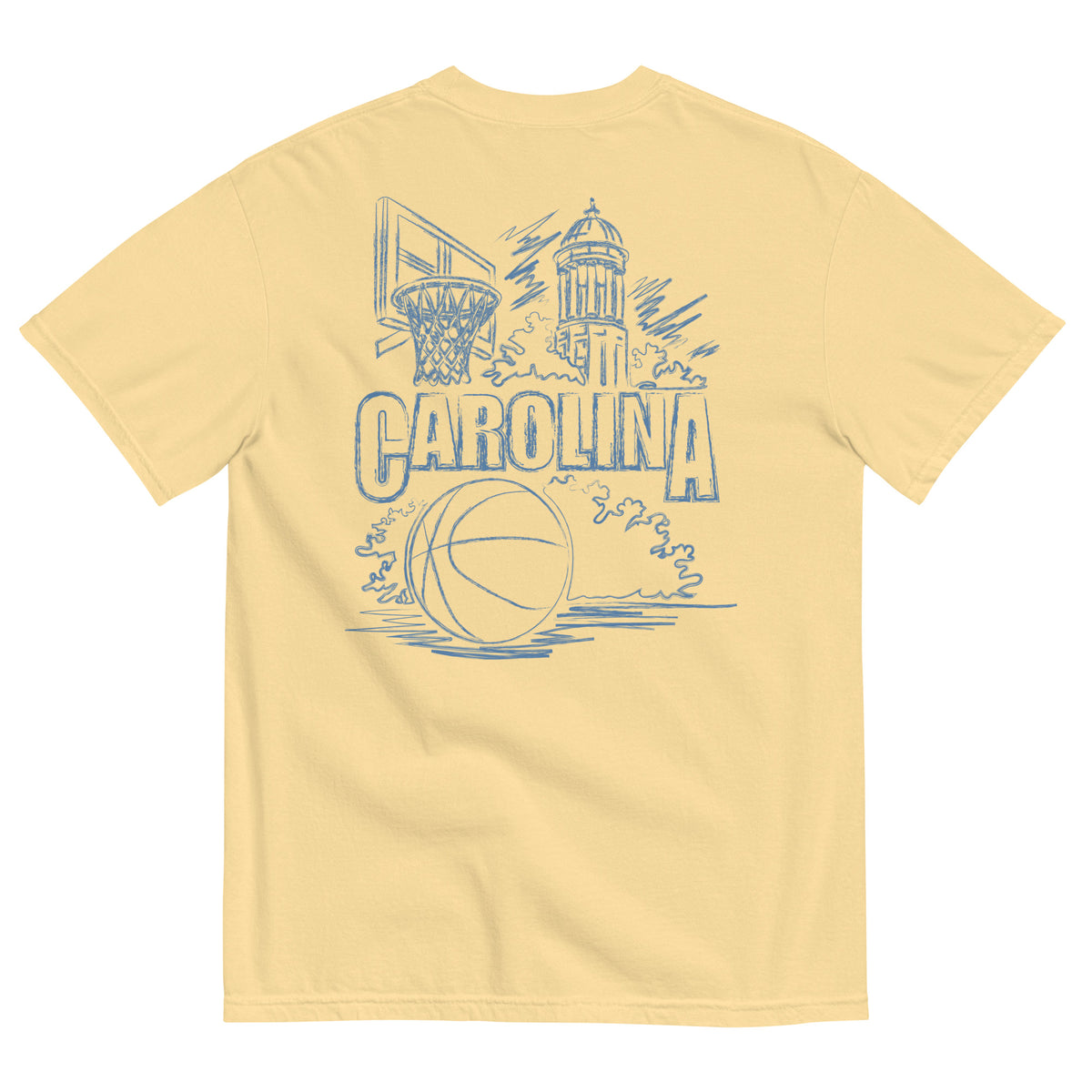 North Cackalackie Midweight Tee in Butter - back, hand-drawn basketball, hoop, and bell tower sketch