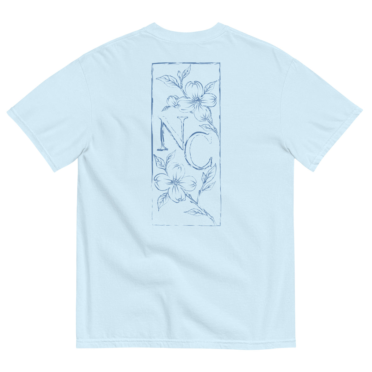 Dogwood State Midweight Tee in Chambray - back, hand-drawn dogwood blossoms framing NC