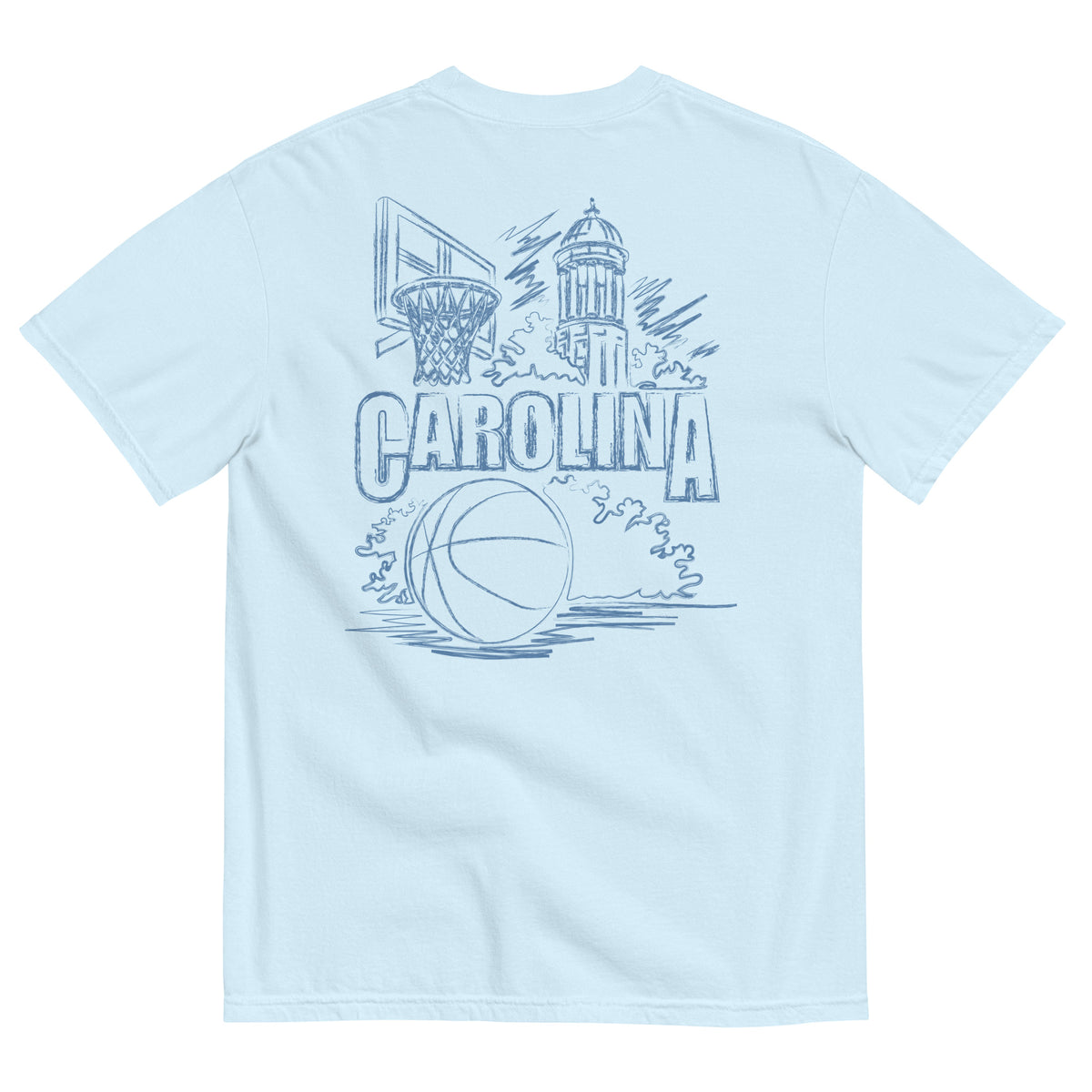 North Cackalackie Midweight Tee in Chambray - back, hand-drawn basketball, hoop, and bell tower sketch