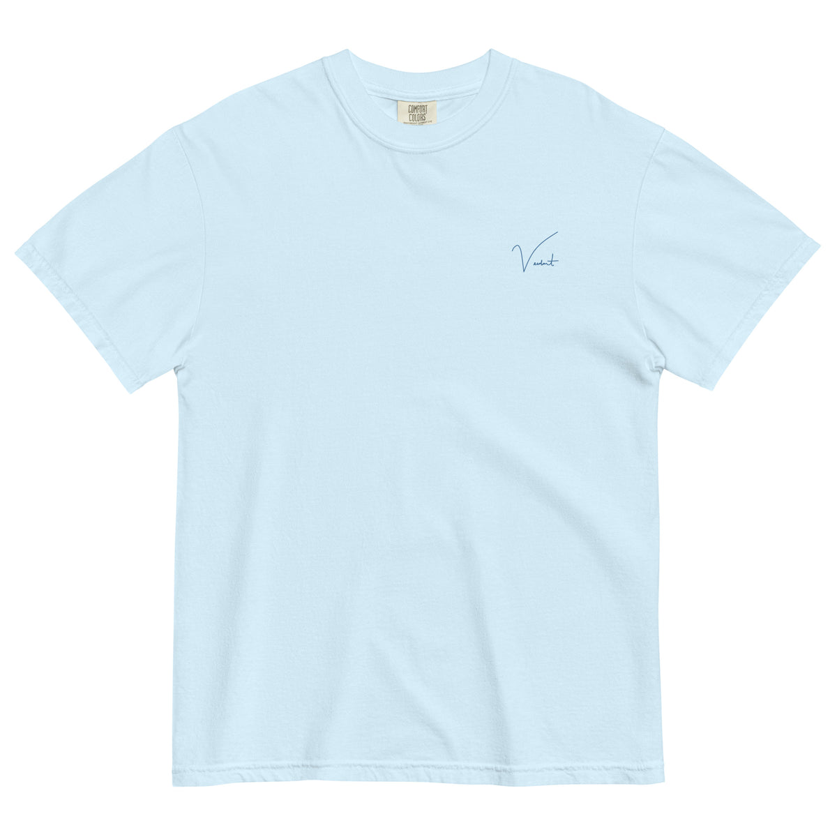 Dogwood State Midweight Tee in Chambray - front, small Verdant script at the chest