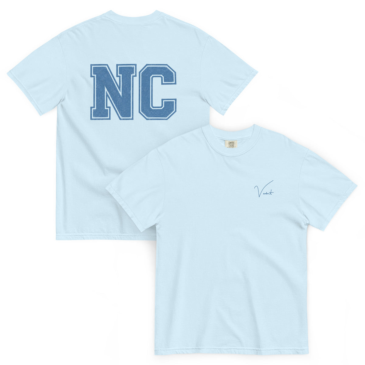 Old North State Midweight Tee in Chambray - front and back, vintage NC block lettering