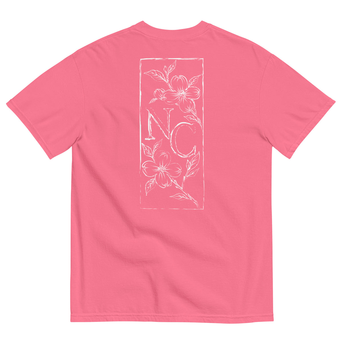 Dogwood State Midweight Tee in Crunchberry - back, hand-drawn dogwood blossoms framing NC