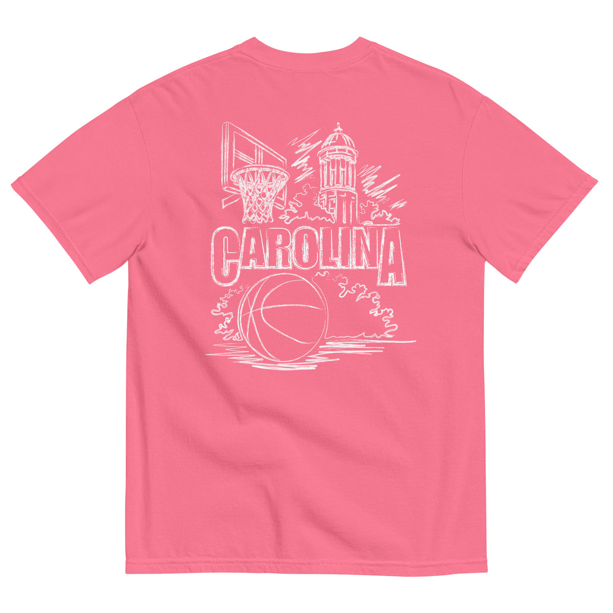 North Cackalackie Midweight Tee in Crunchberry - back, hand-drawn basketball, hoop, and bell tower sketch