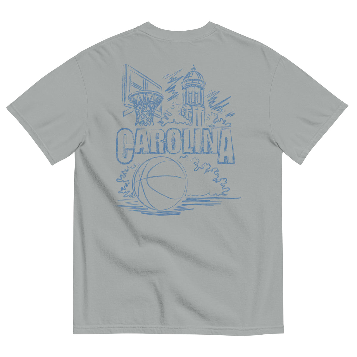 North Cackalackie Midweight Tee in Granite - back, hand-drawn basketball, hoop, and bell tower sketch