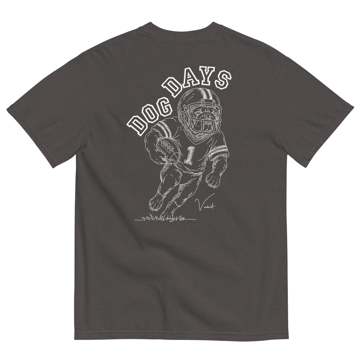 Dog Days Fumble tee in graphite, back with hand-drawn bulldog football player under arched DOG DAYS lettering