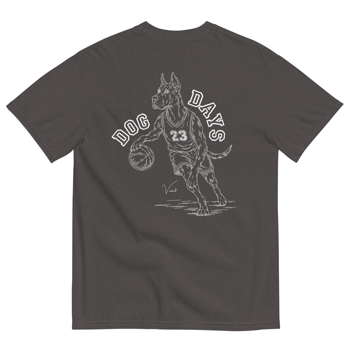 Dog Days Airball tee in graphite, back with hand-drawn Great Dane basketball player under arched DOG DAYS lettering