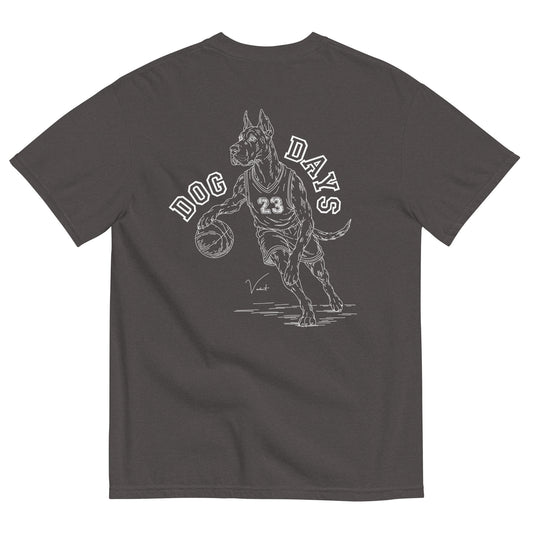 Dog Days Airball tee in graphite, back with hand-drawn Great Dane basketball player under arched DOG DAYS lettering