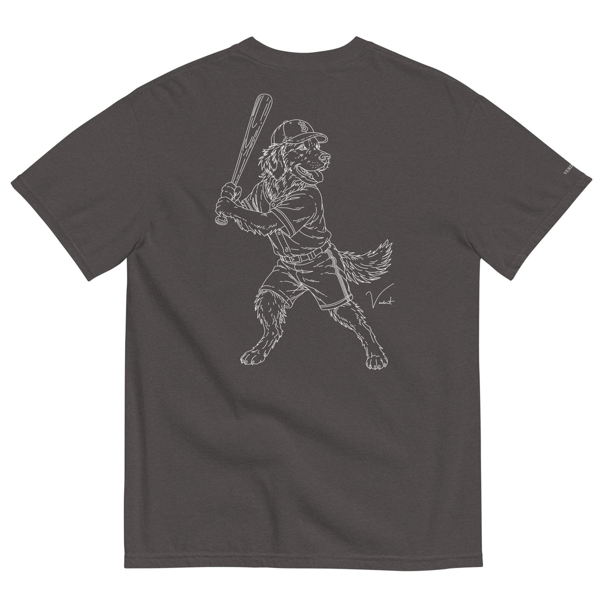 Dog Days Whiff tee in graphite, back with hand-drawn golden retriever batter in a ball cap