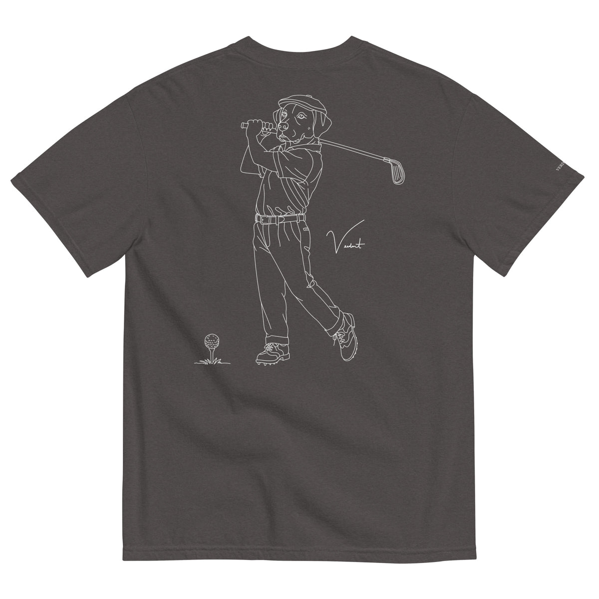 Dog Days Mulligan tee in graphite, back with hand-drawn lab golfer mid-swing and a ball on a tee