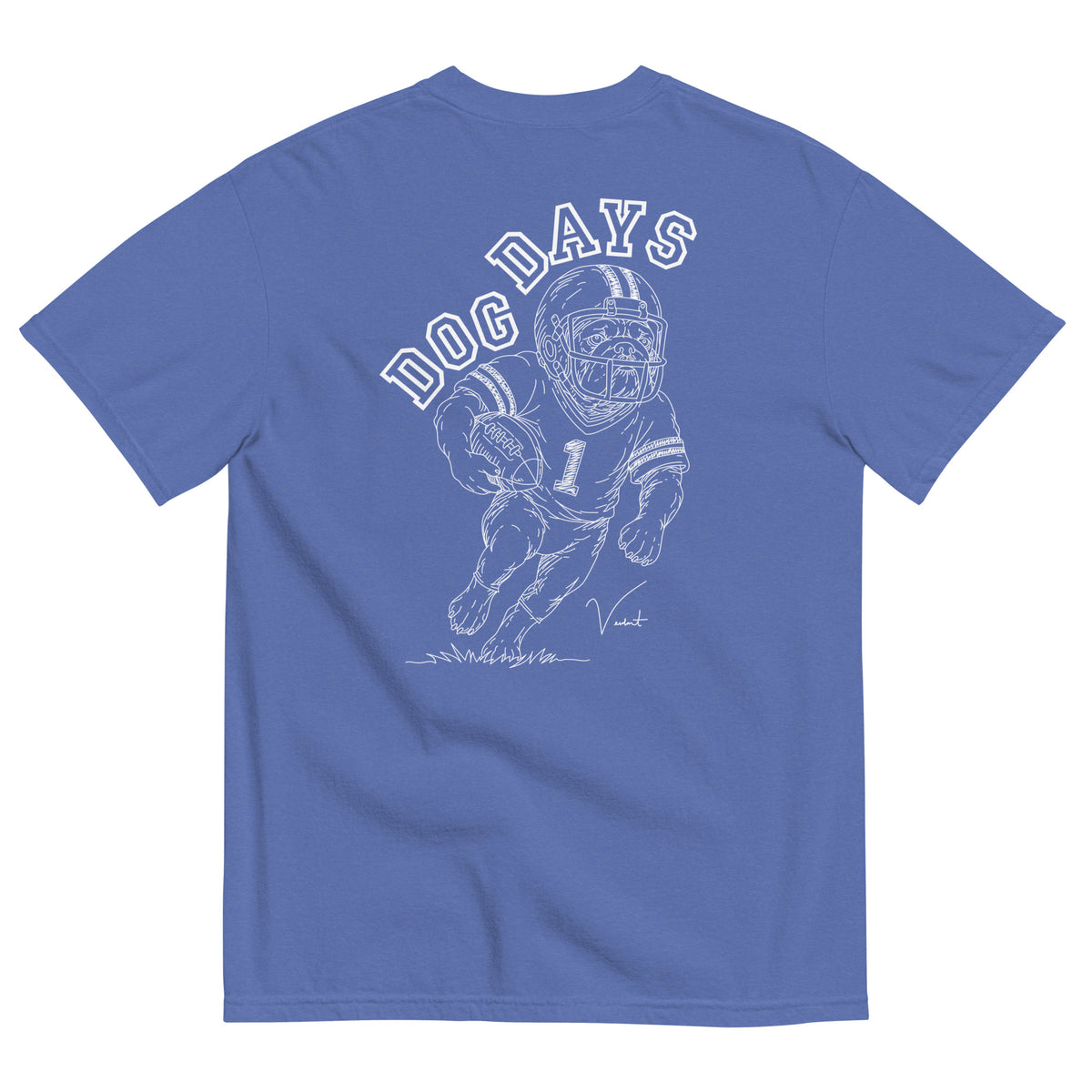 Dog Days Fumble tee in mystic blue, back with hand-drawn bulldog football player under arched DOG DAYS lettering