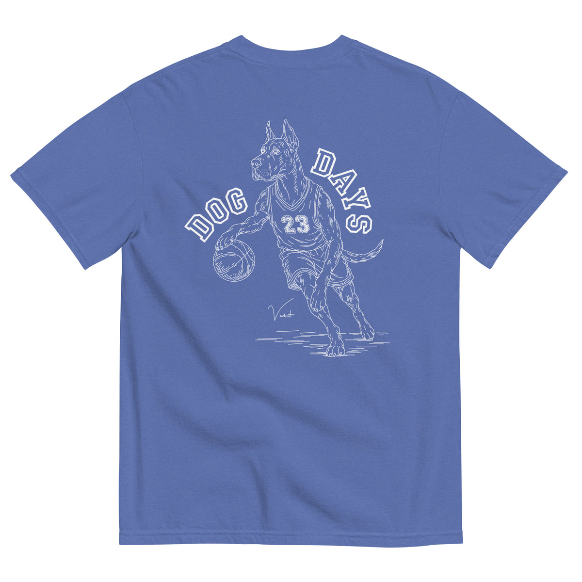 Dog Days Airball tee in mystic blue, back with hand-drawn Great Dane basketball player under arched DOG DAYS lettering