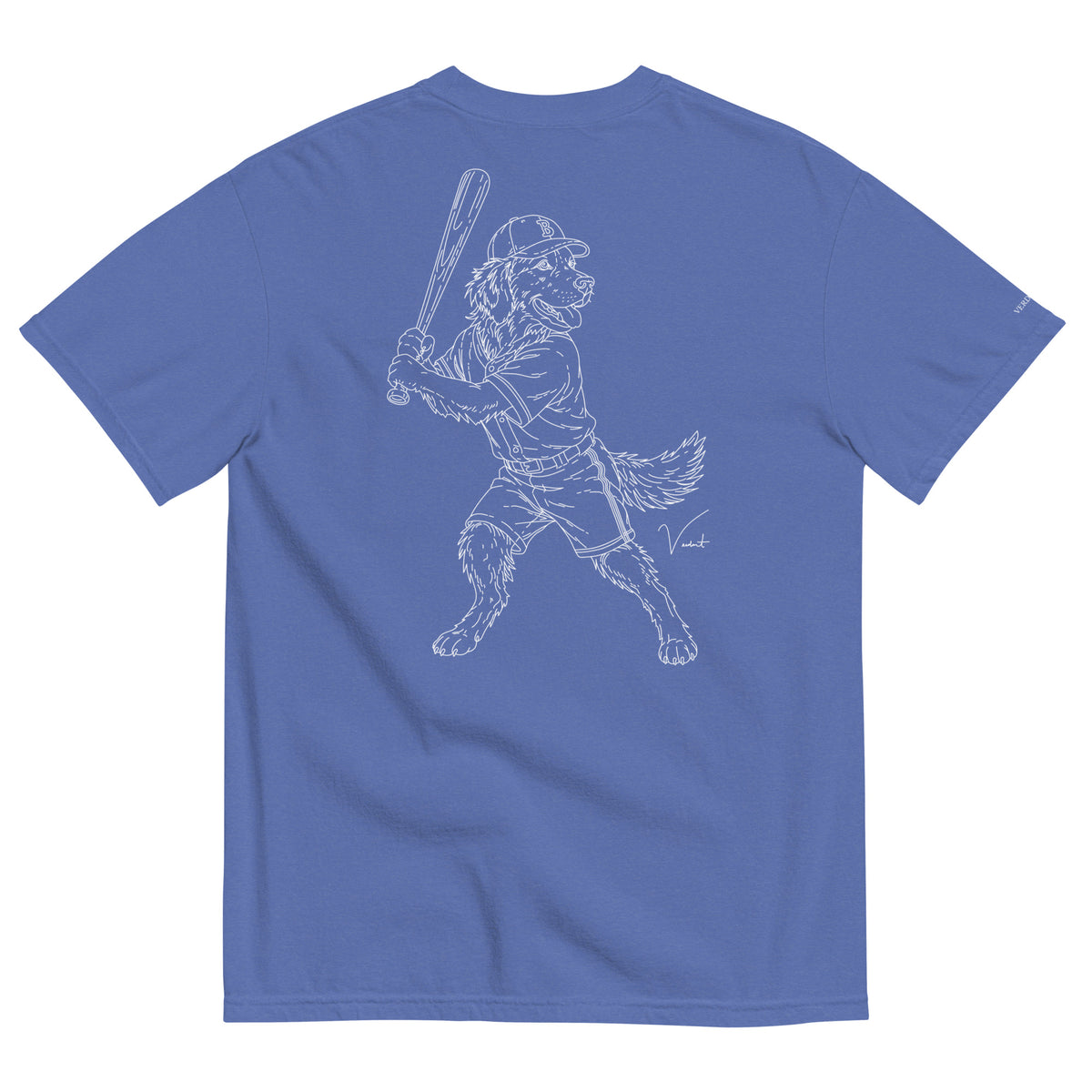 Dog Days Whiff tee in mystic blue, back with hand-drawn golden retriever batter in a ball cap