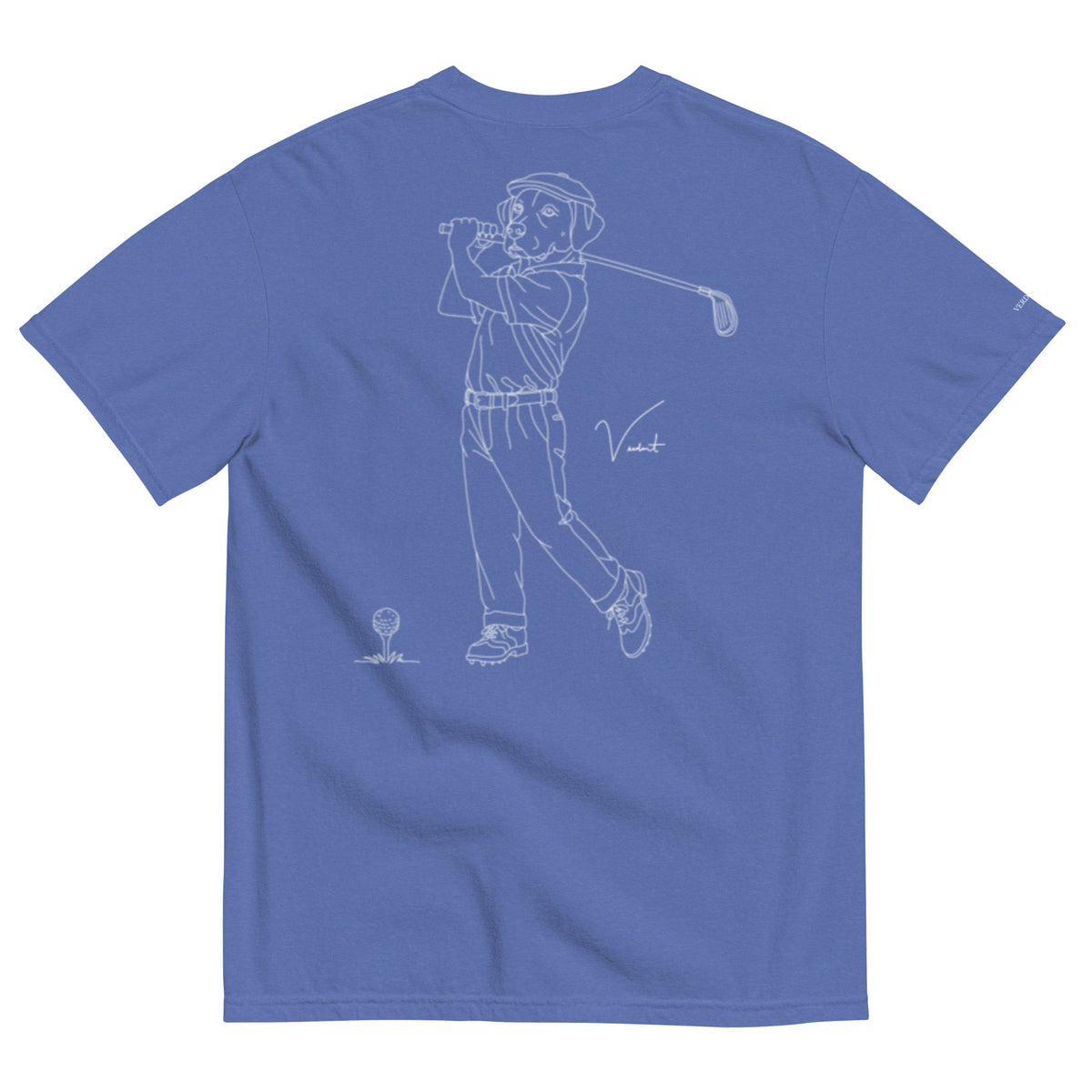 Dog Days Mulligan tee in mystic blue, back with hand-drawn lab golfer mid-swing and a ball on a tee