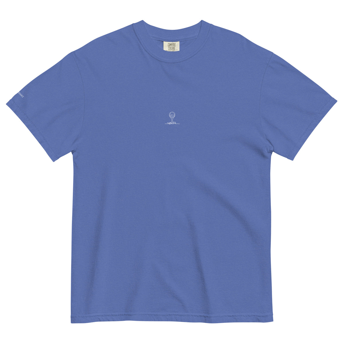 Dog Days Mulligan tee in mystic blue, front with small ball-on-tee chest graphic