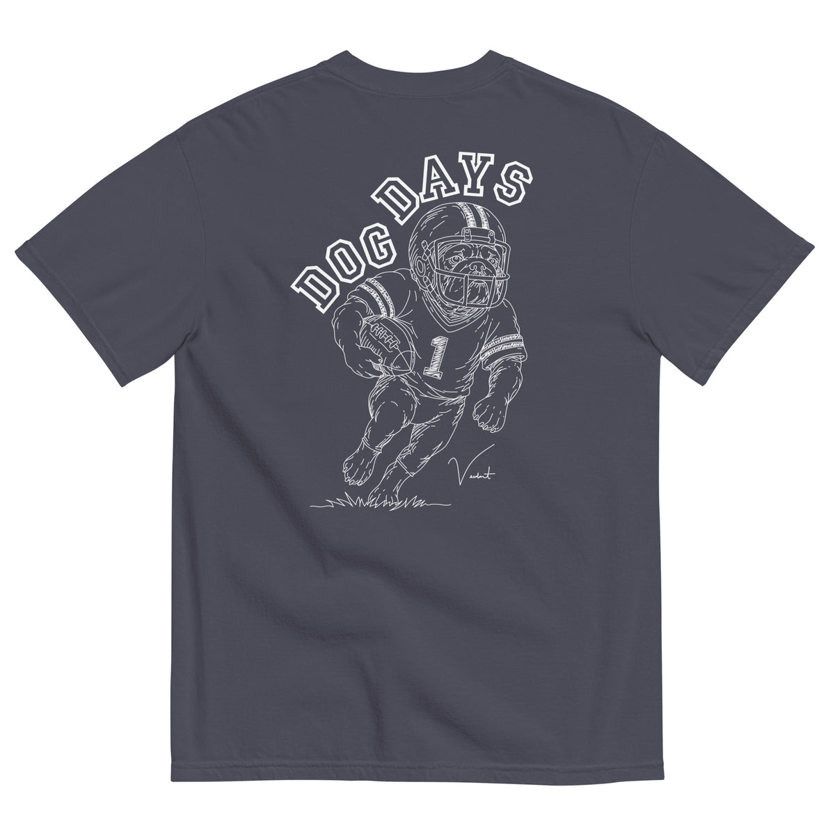Dog Days Fumble tee in navy, back with hand-drawn bulldog football player under arched DOG DAYS lettering