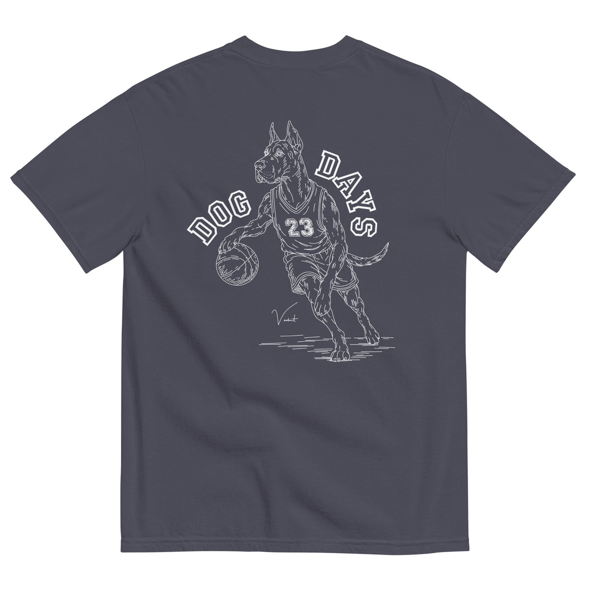 Dog Days Airball tee in navy, back with hand-drawn Great Dane basketball player under arched DOG DAYS lettering