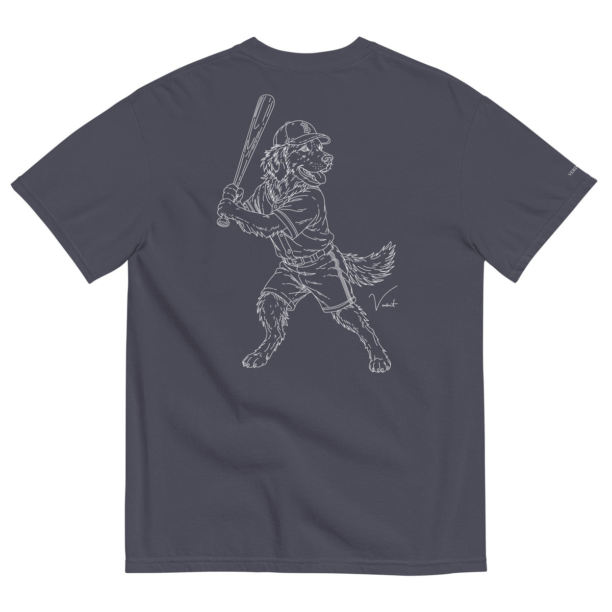 Dog Days Whiff tee in navy, back with hand-drawn golden retriever batter in a ball cap