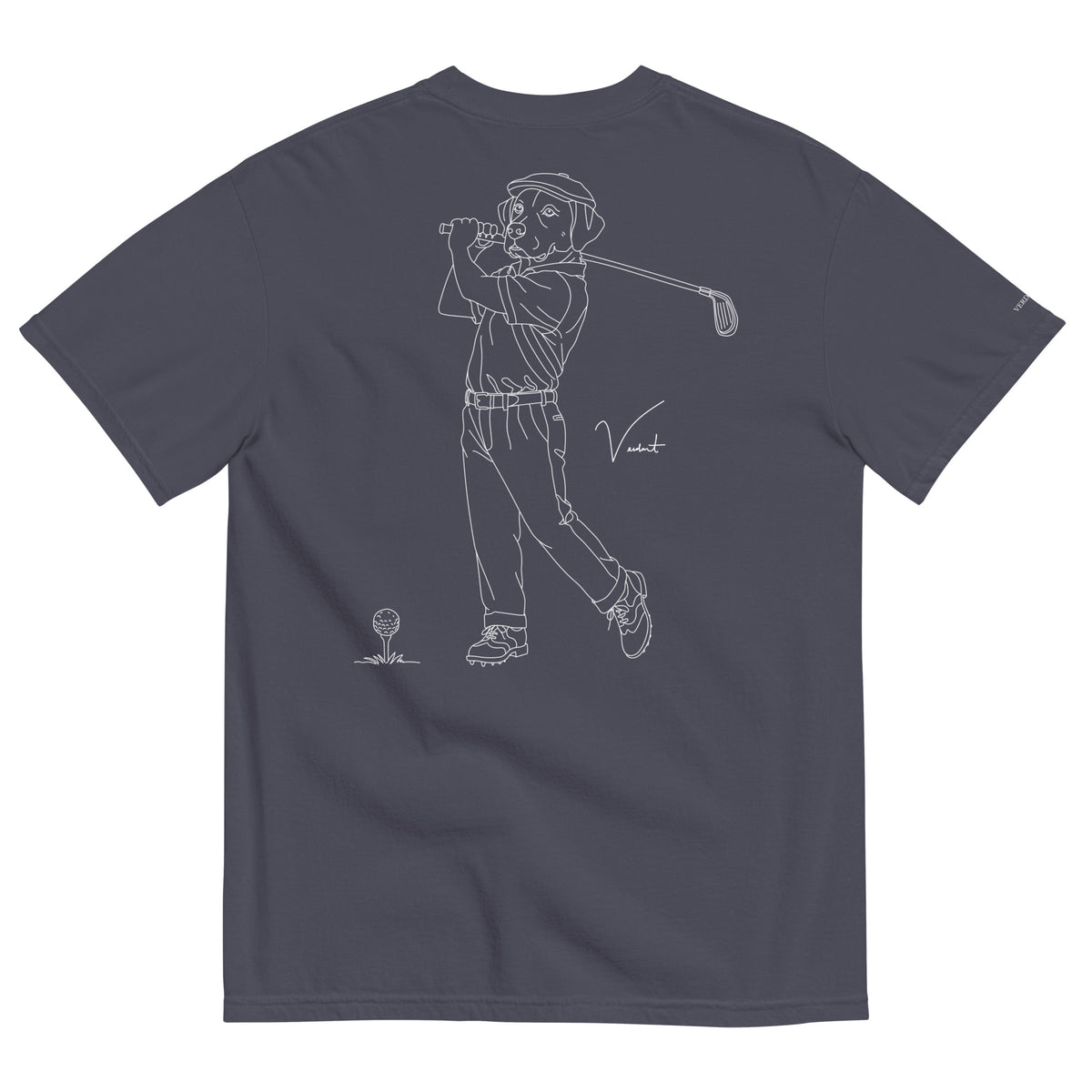Dog Days Mulligan tee in navy, back with hand-drawn lab golfer mid-swing and a ball on a tee