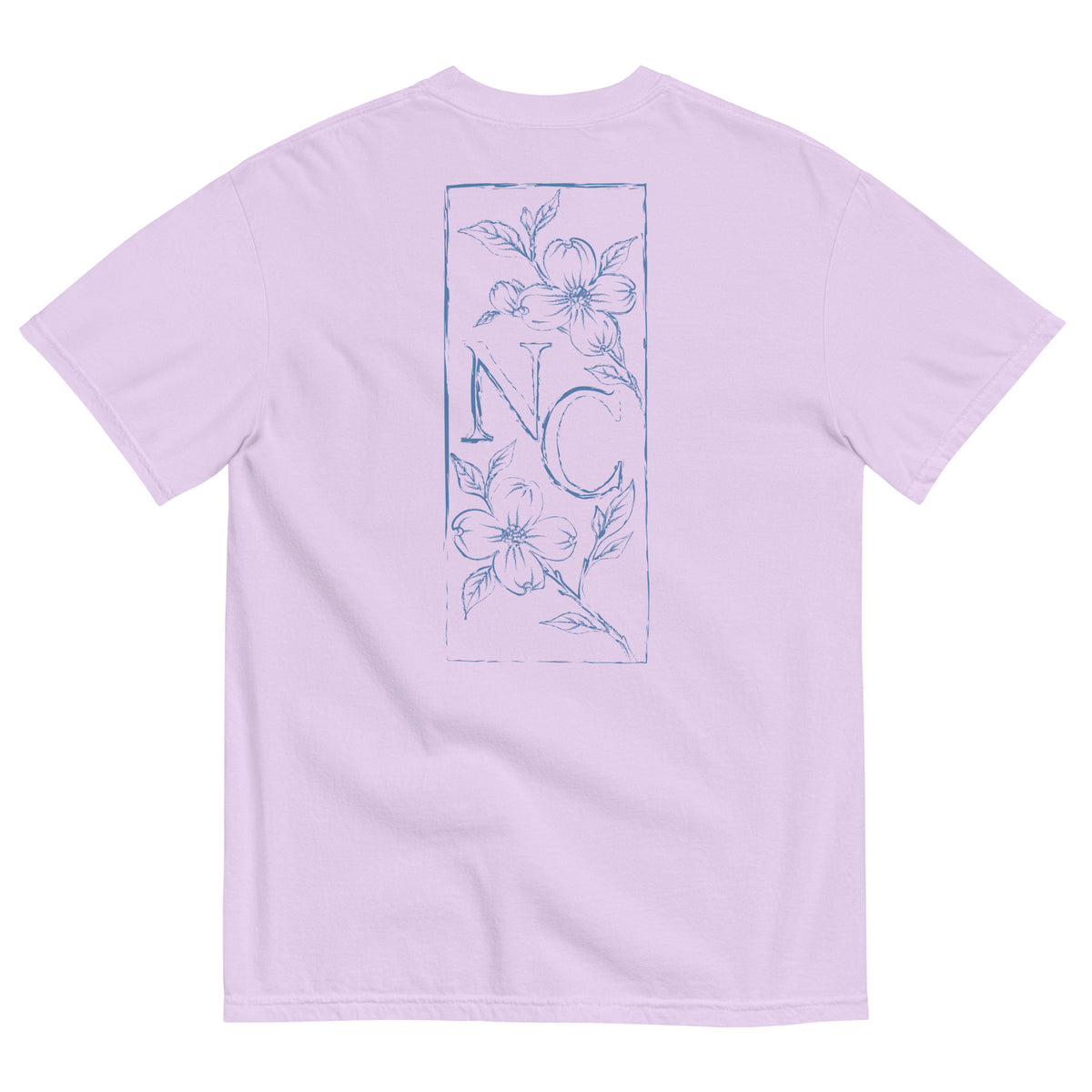 Dogwood State Midweight Tee in Orchid - back, hand-drawn dogwood blossoms framing NC