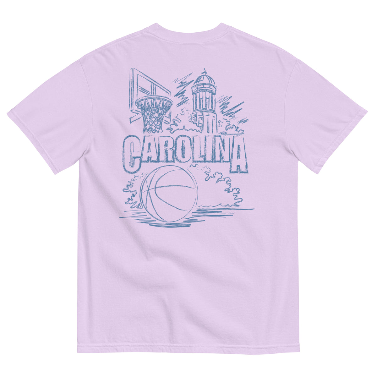 North Cackalackie Midweight Tee in Orchid - back, hand-drawn basketball, hoop, and bell tower sketch