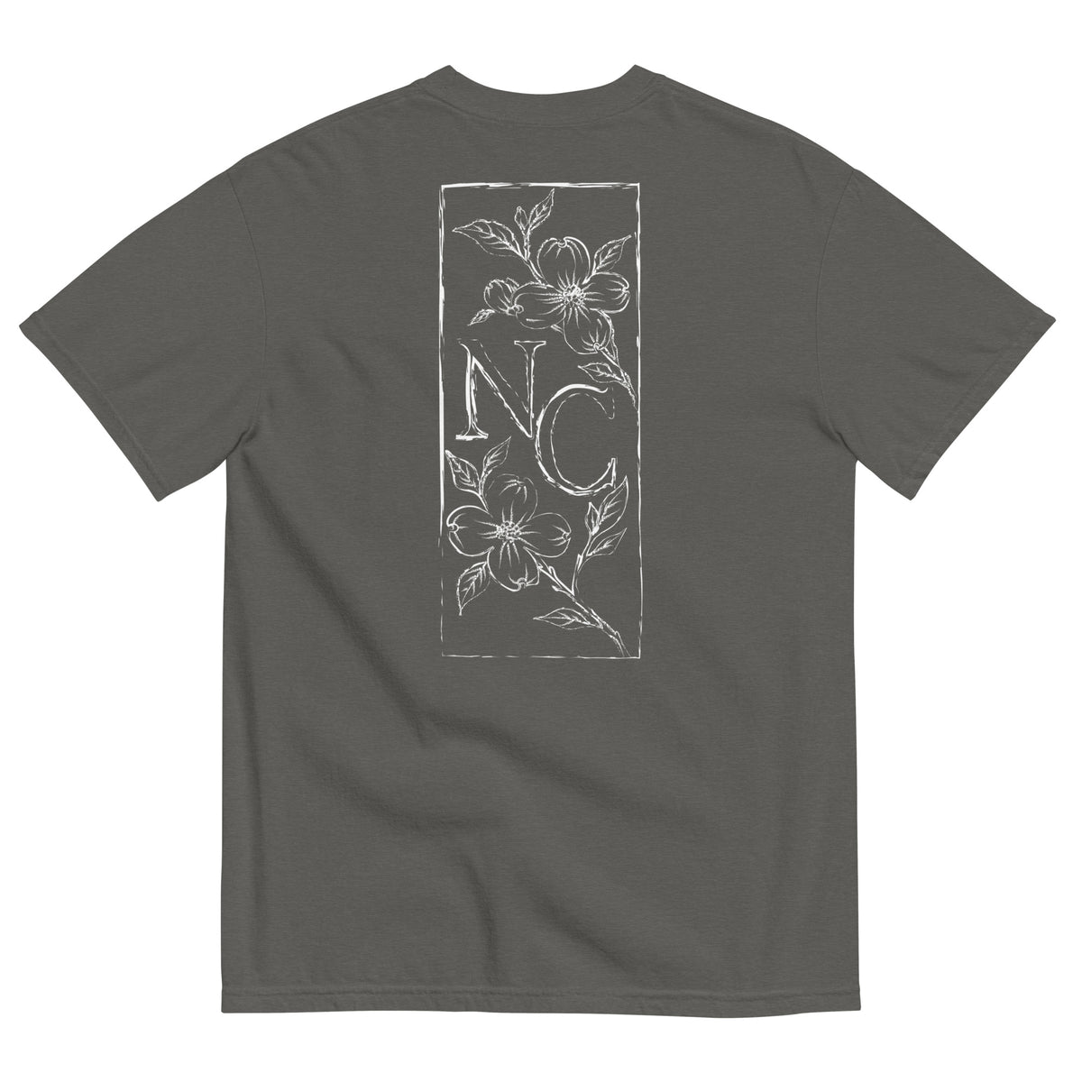 Dogwood State Midweight Tee in Pepper - back, hand-drawn dogwood blossoms framing NC