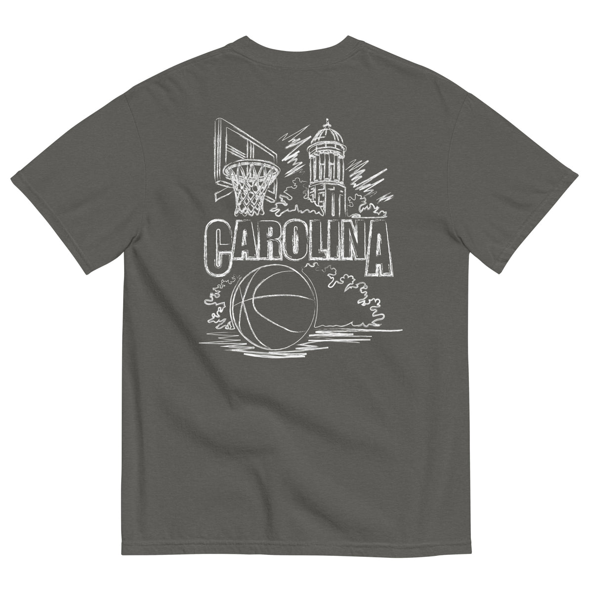 North Cackalackie Midweight Tee in Pepper - back, hand-drawn basketball, hoop, and bell tower sketch