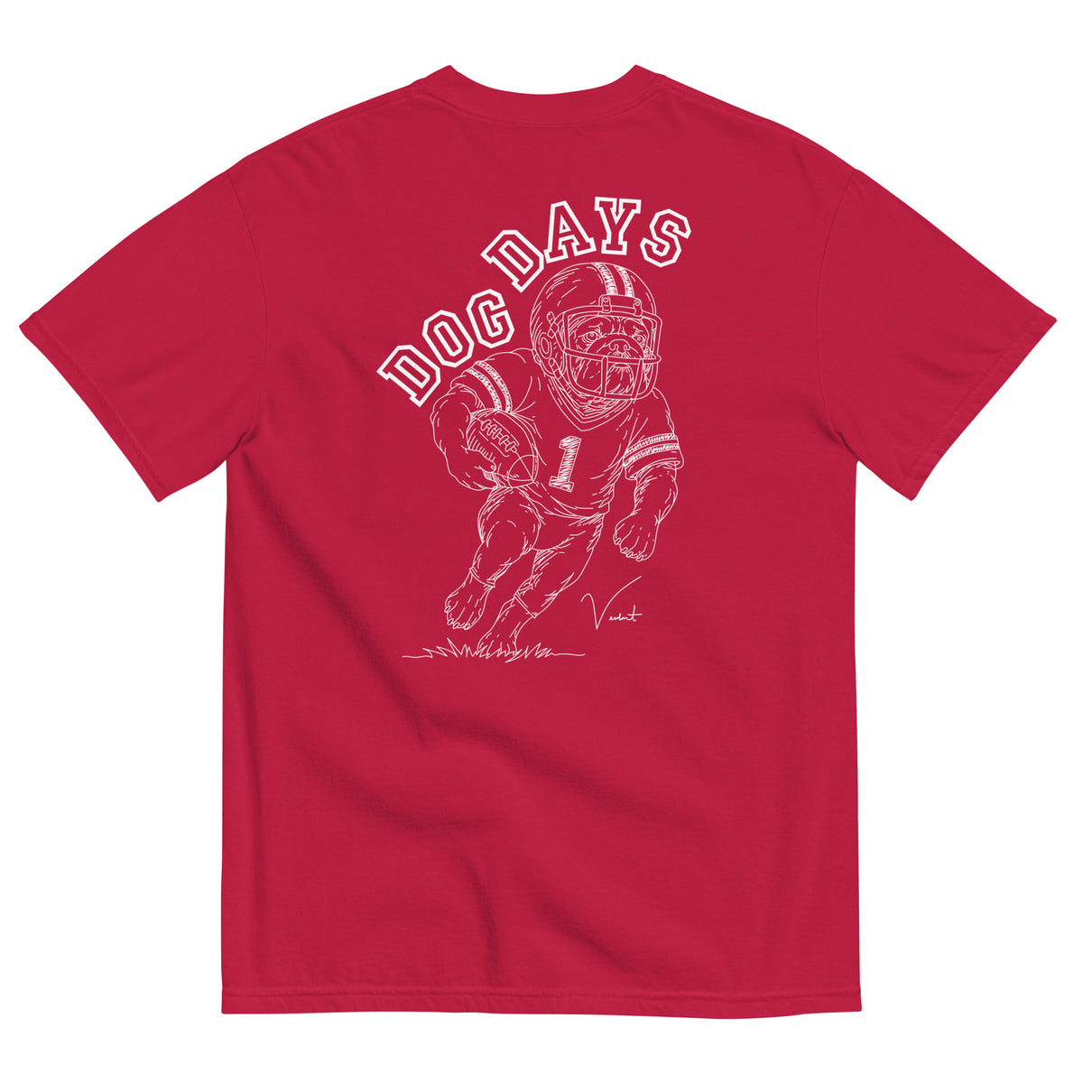 Dog Days Fumble tee in red, back with hand-drawn bulldog football player under arched DOG DAYS lettering