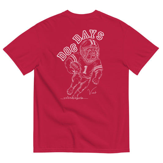 Dog Days Fumble tee in red, back with hand-drawn bulldog football player under arched DOG DAYS lettering