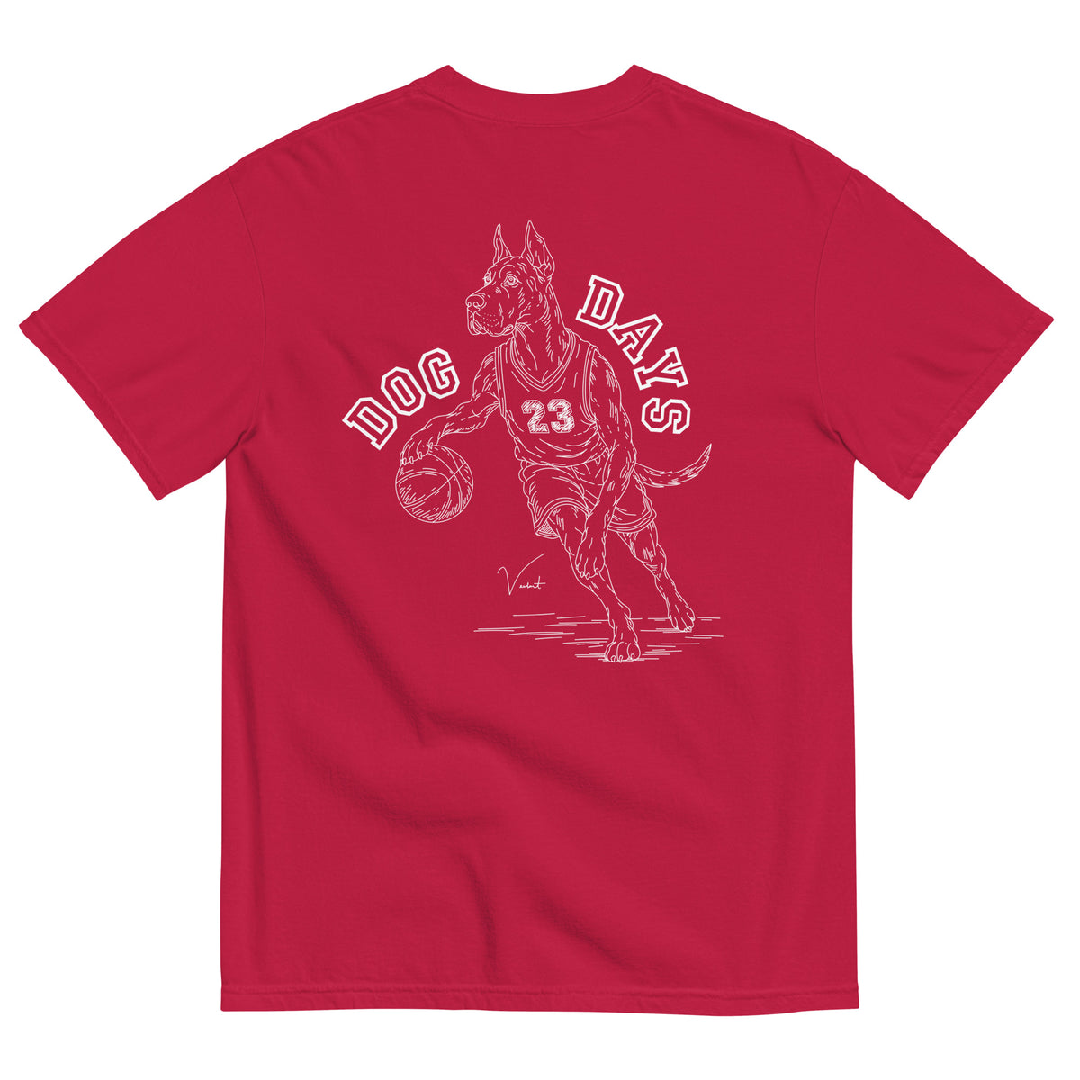 Dog Days Airball tee in red, back with hand-drawn Great Dane basketball player under arched DOG DAYS lettering
