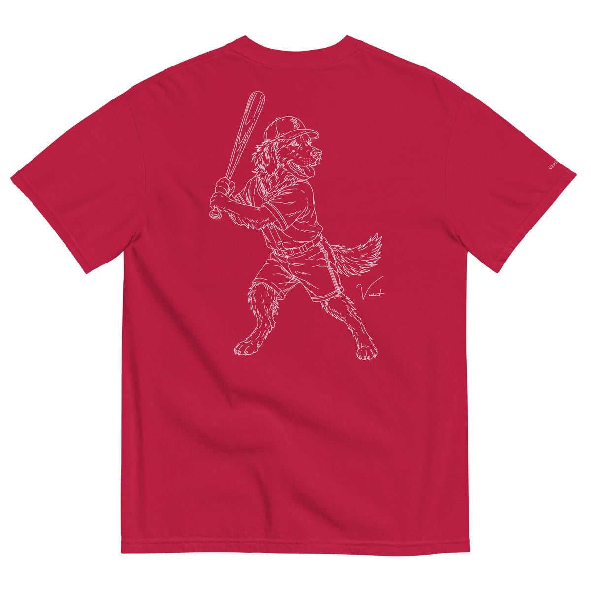 Dog Days Whiff tee in red, back with hand-drawn golden retriever batter in a ball cap