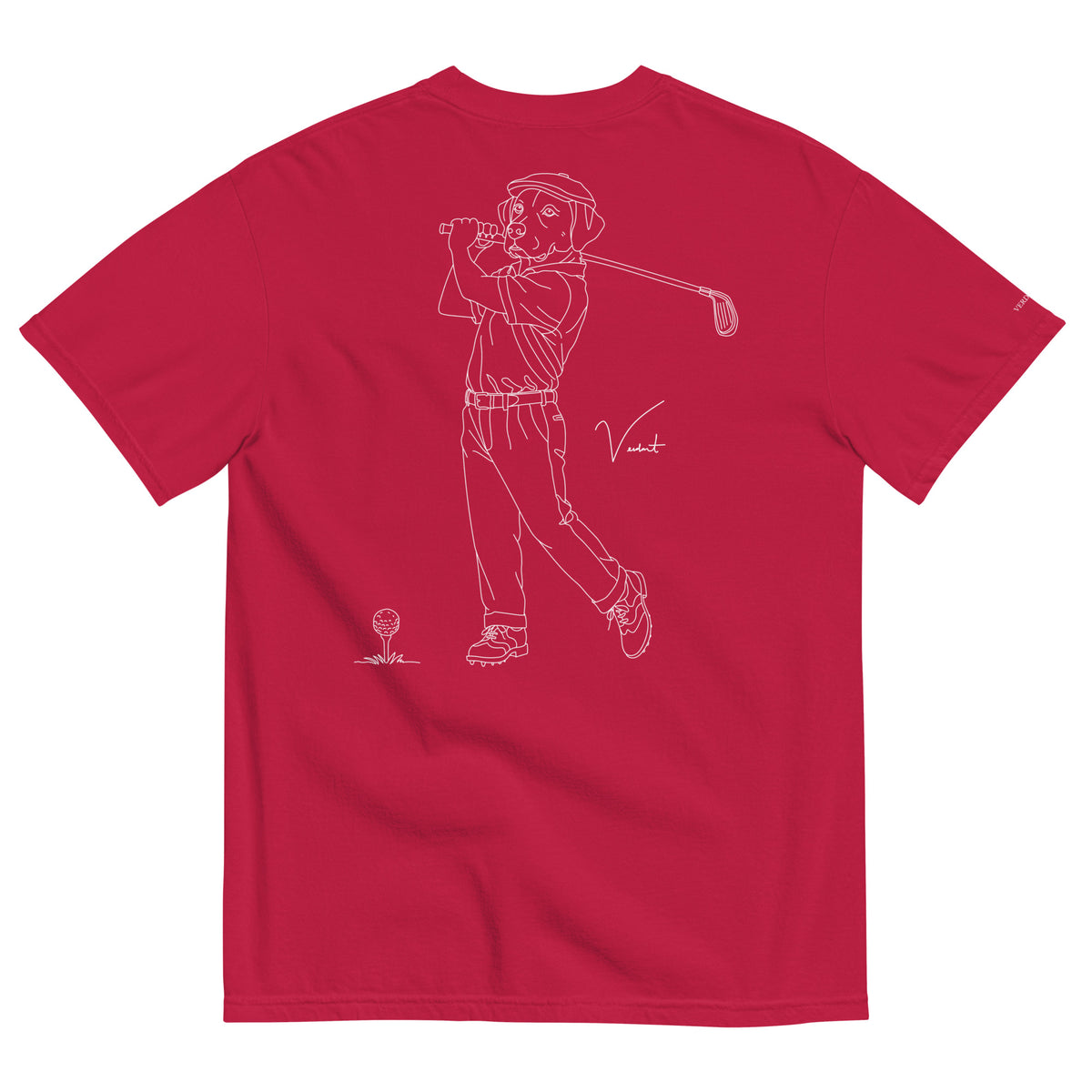 Dog Days Mulligan tee in red, back with hand-drawn lab golfer mid-swing and a ball on a tee