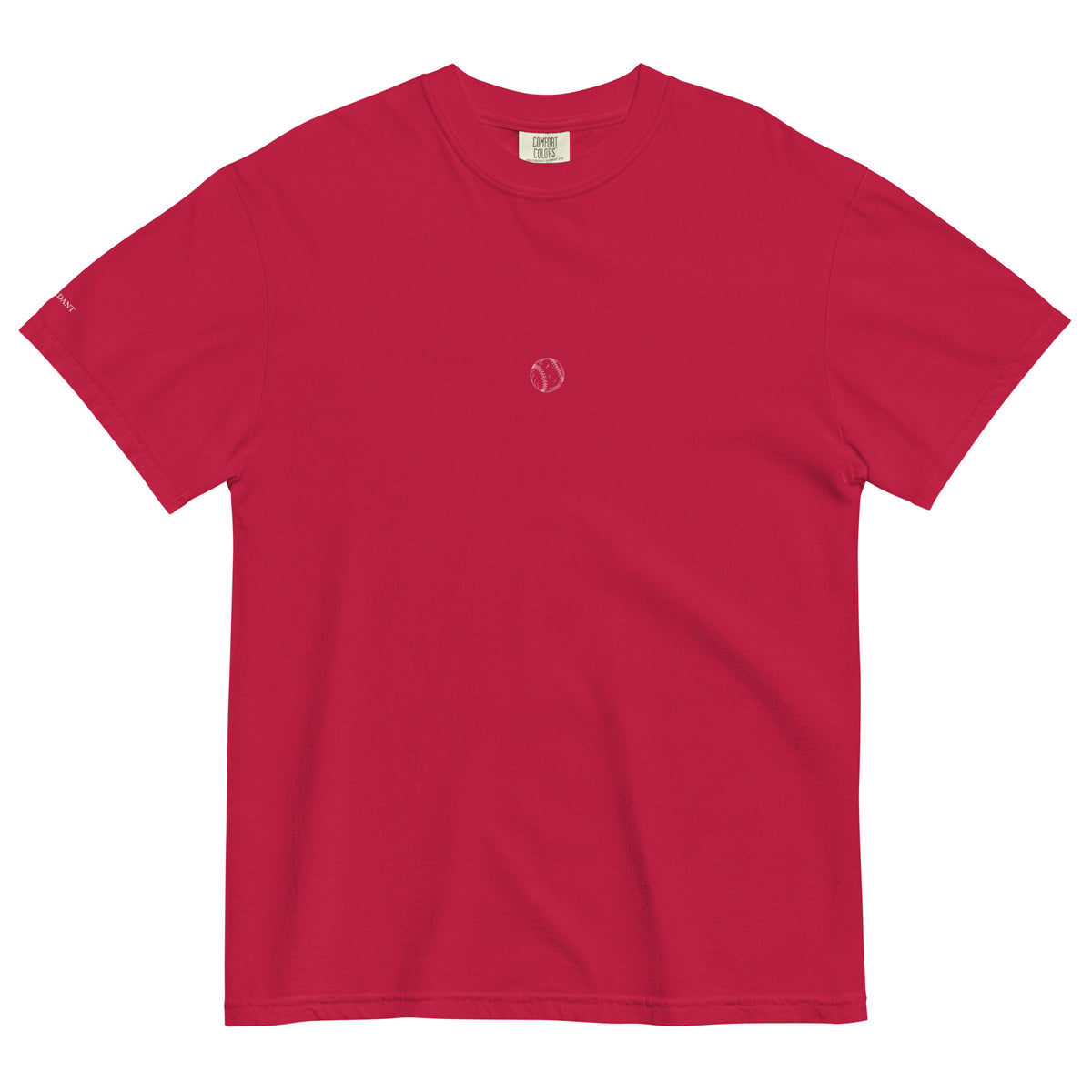 Dog Days Whiff tee in red, front with small baseball chest graphic