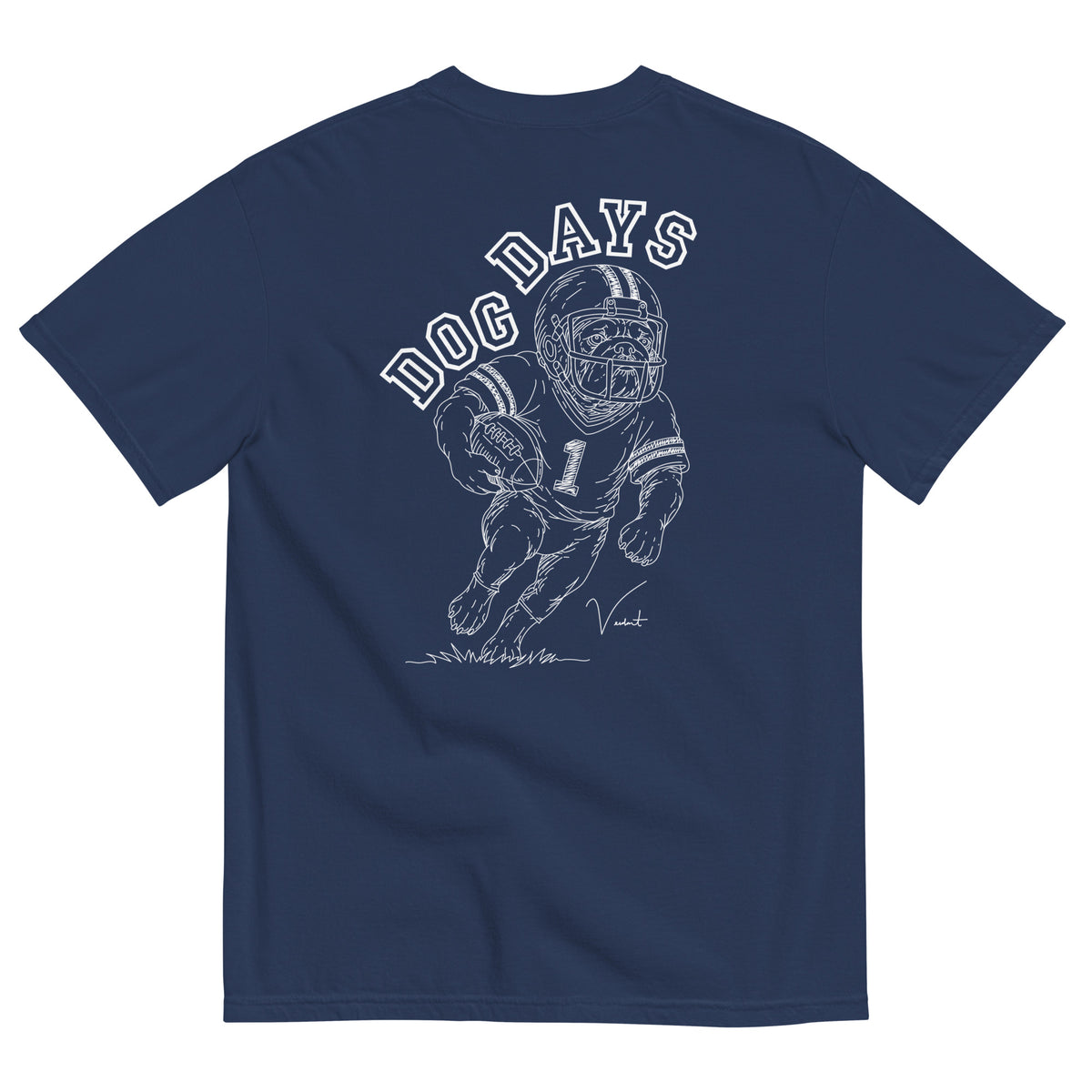 Dog Days Fumble tee in true navy, back with hand-drawn bulldog football player under arched DOG DAYS lettering