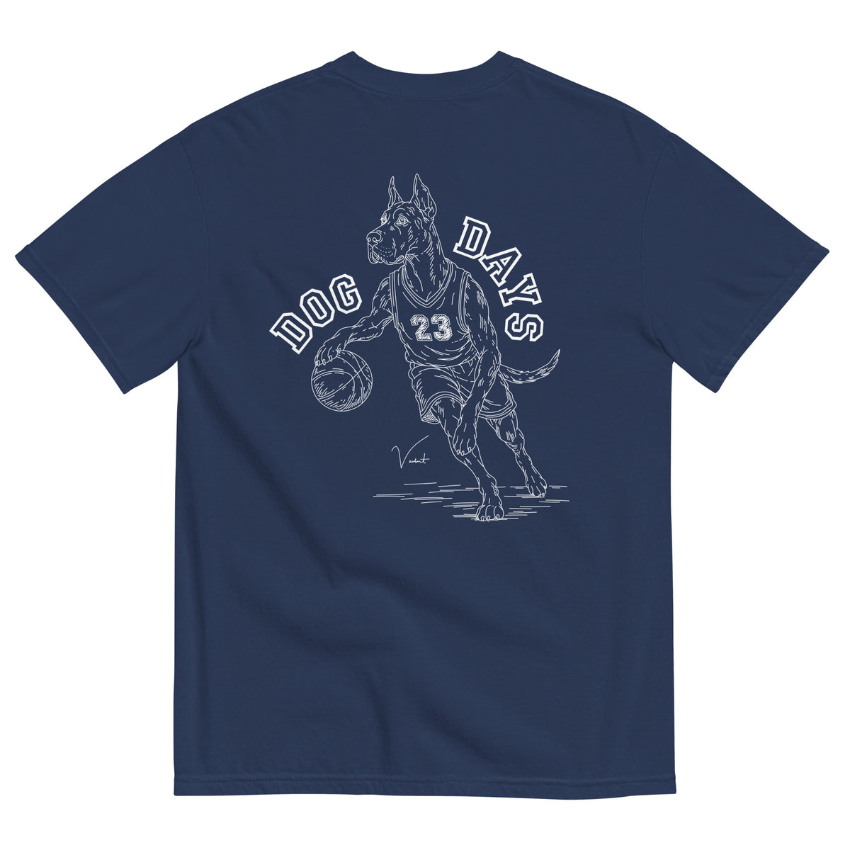Dog Days Airball tee in true navy, back with hand-drawn Great Dane basketball player under arched DOG DAYS lettering