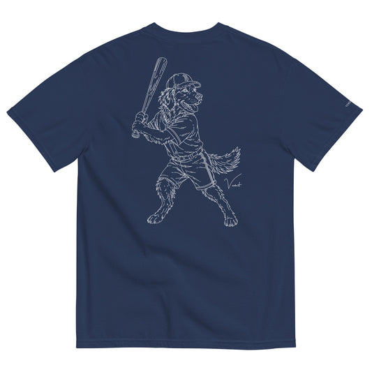 Dog Days Whiff tee in true navy, back with hand-drawn golden retriever batter in a ball cap