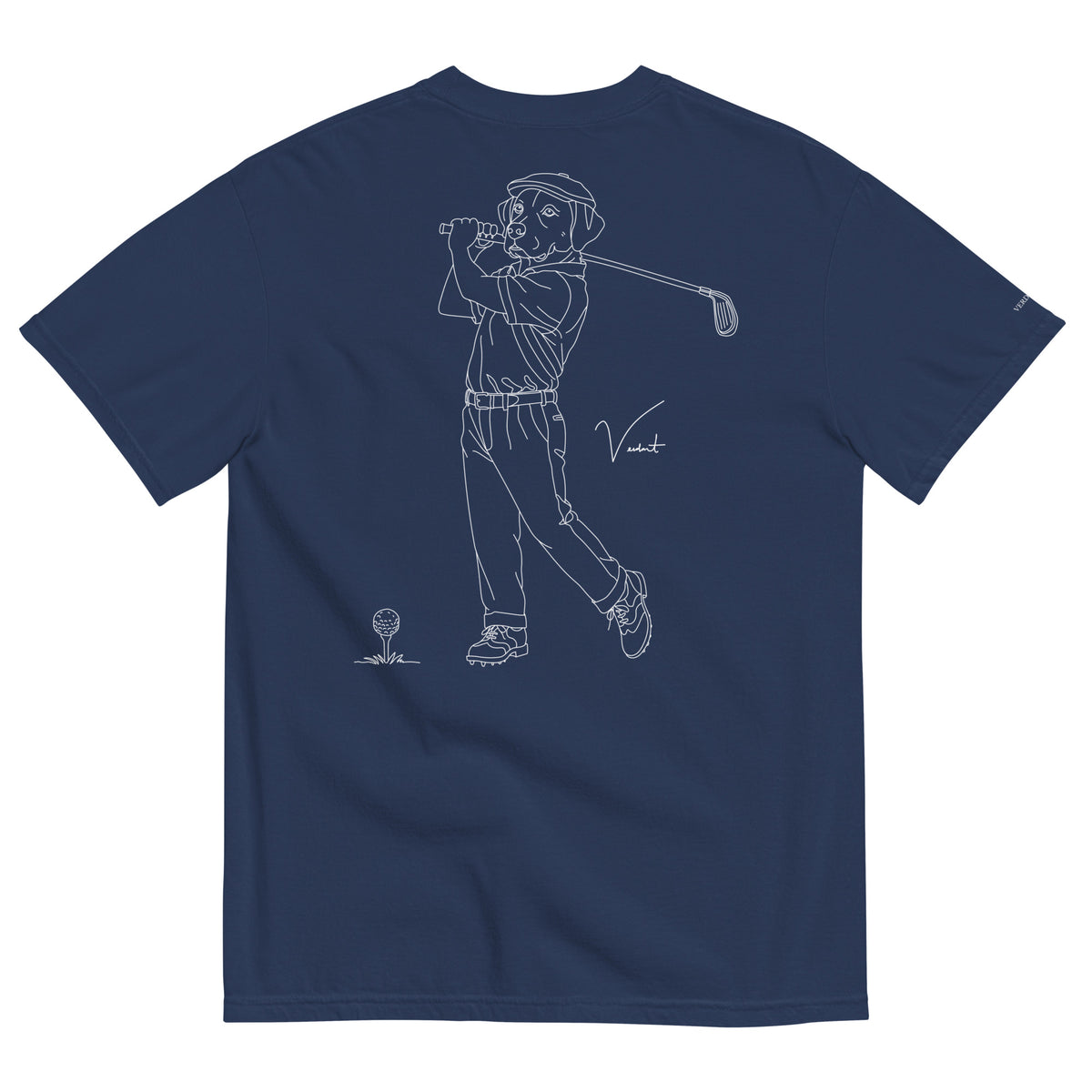 Dog Days Mulligan tee in true navy, back with hand-drawn lab golfer mid-swing and a ball on a tee