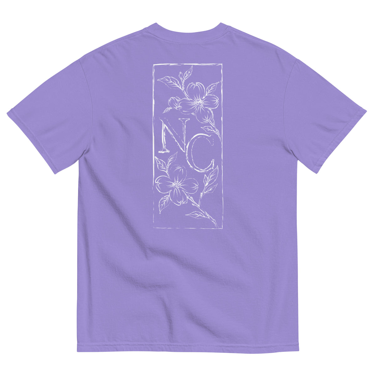 Dogwood State Midweight Tee in Violet - back, hand-drawn dogwood blossoms framing NC