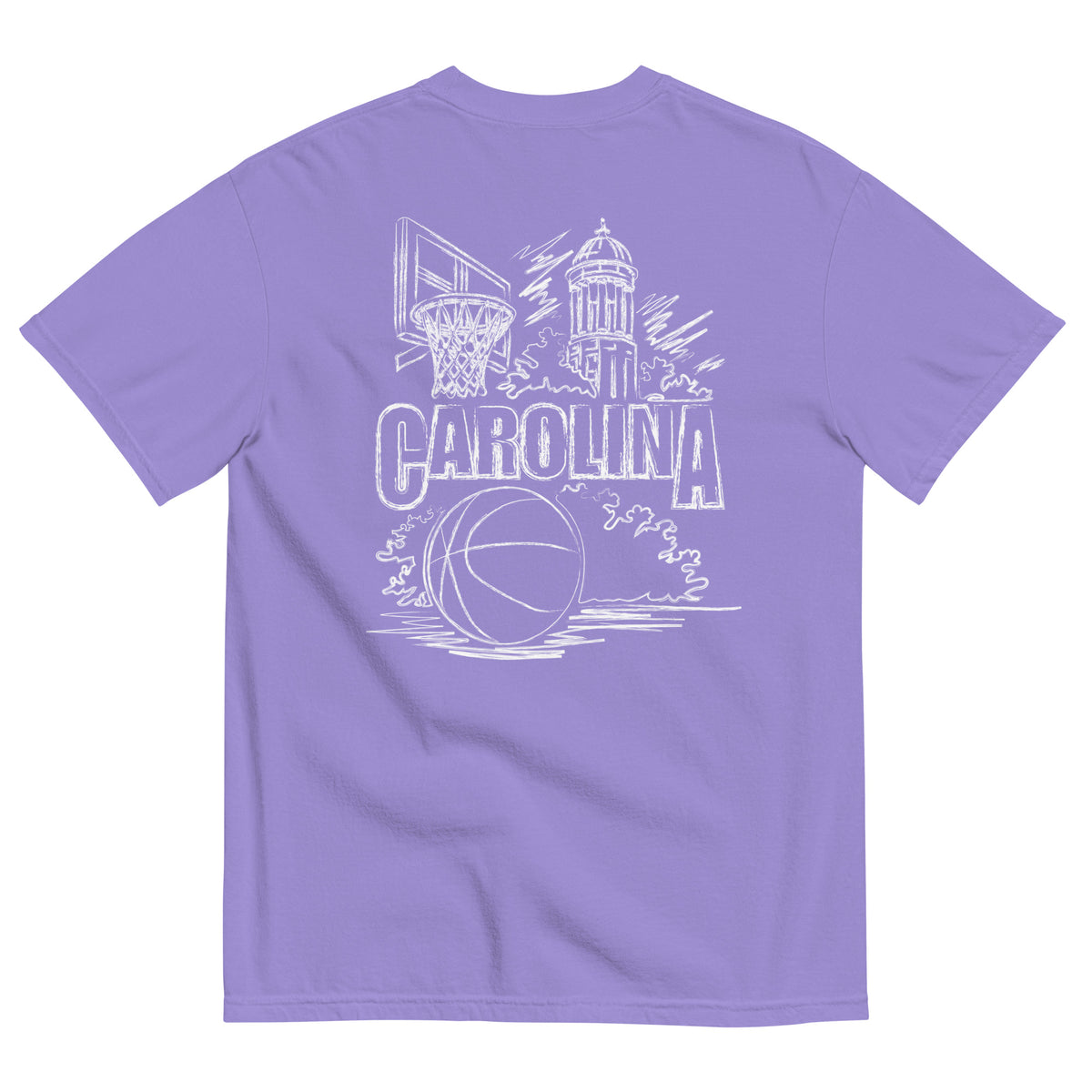 North Cackalackie Midweight Tee in Violet - back, hand-drawn basketball, hoop, and bell tower sketch
