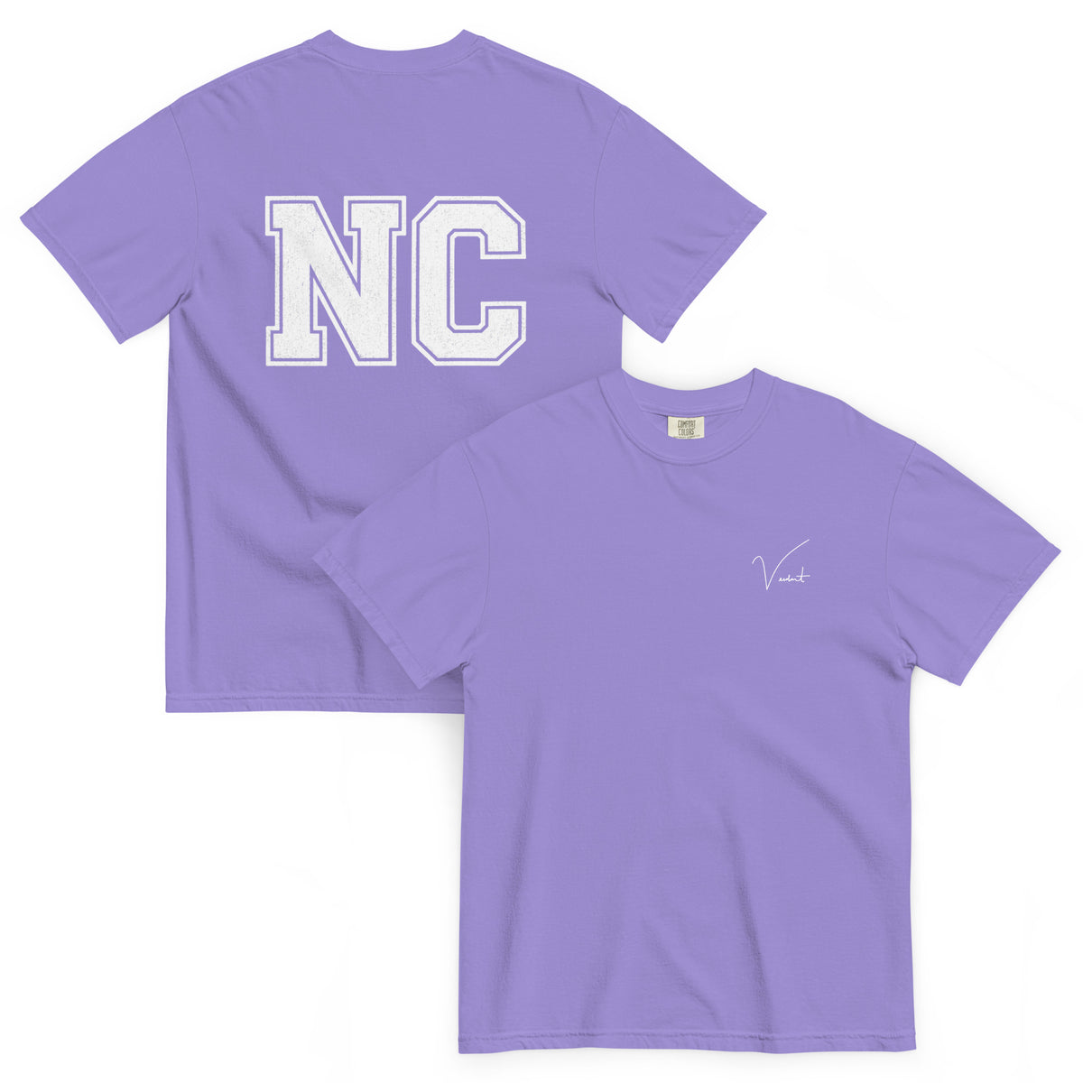 Old North State Midweight Tee in Violet - front and back, vintage NC block lettering