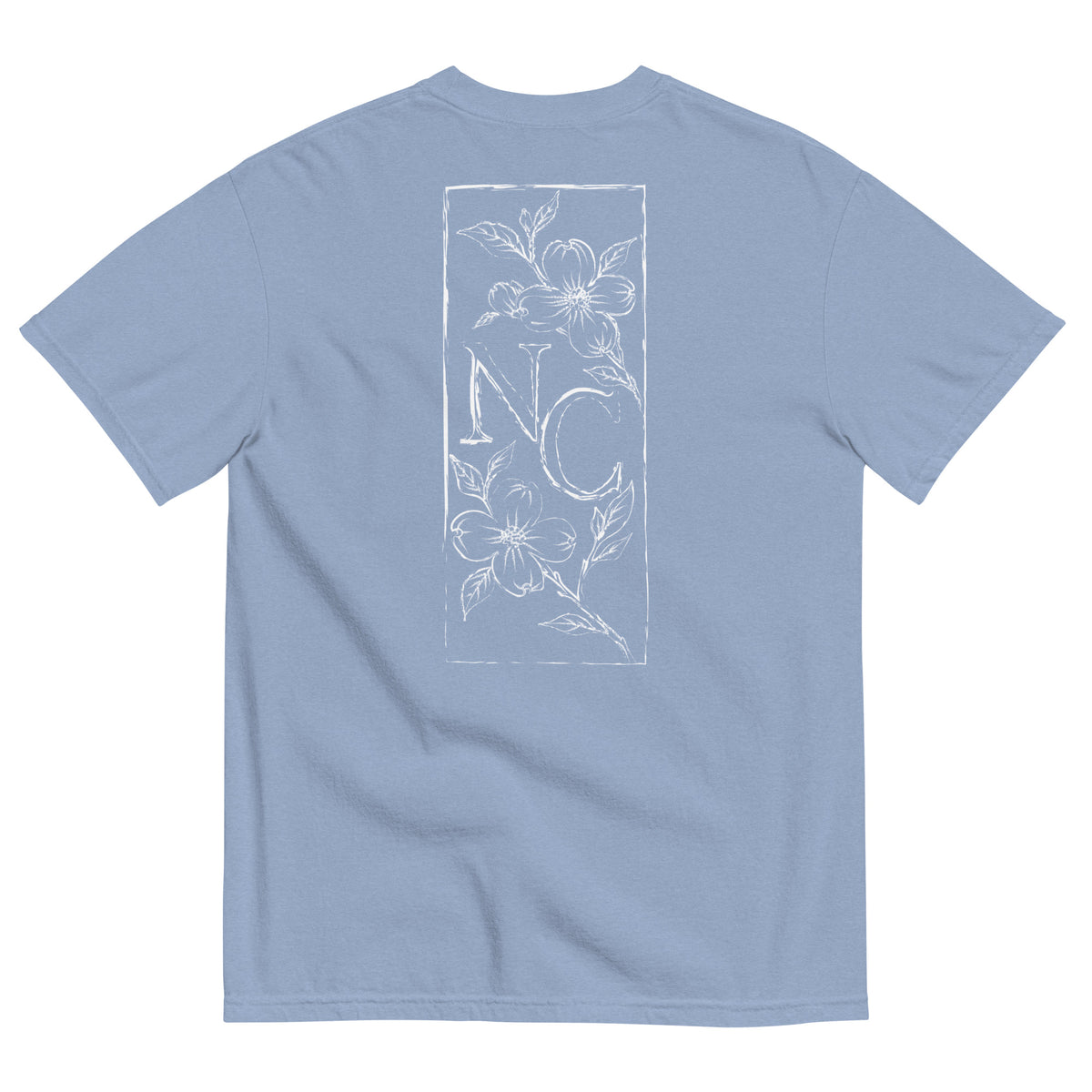 Dogwood State Midweight Tee in Washed Denim - back, hand-drawn dogwood blossoms framing NC