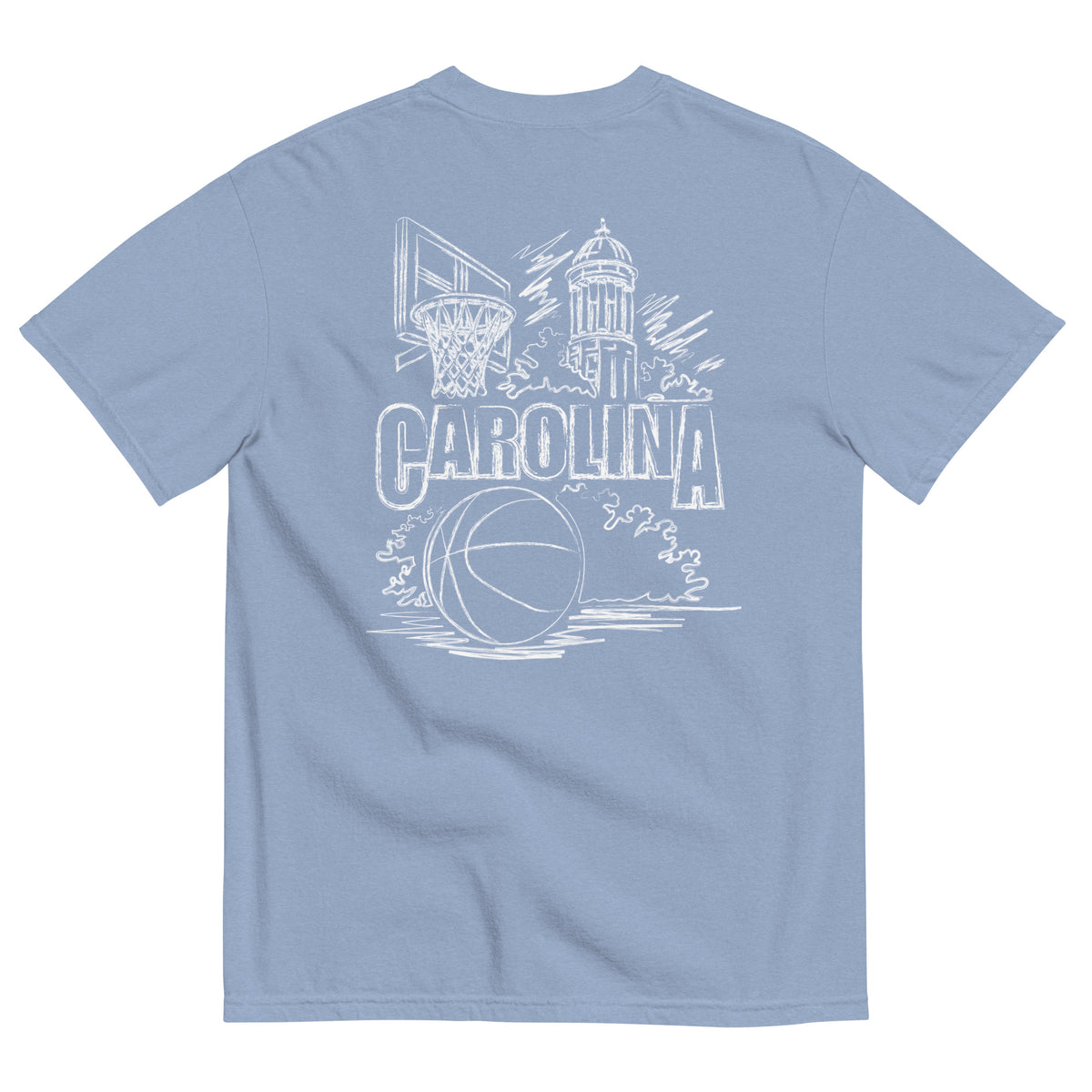 North Cackalackie Midweight Tee in Washed Denim - back, hand-drawn basketball, hoop, and bell tower sketch
