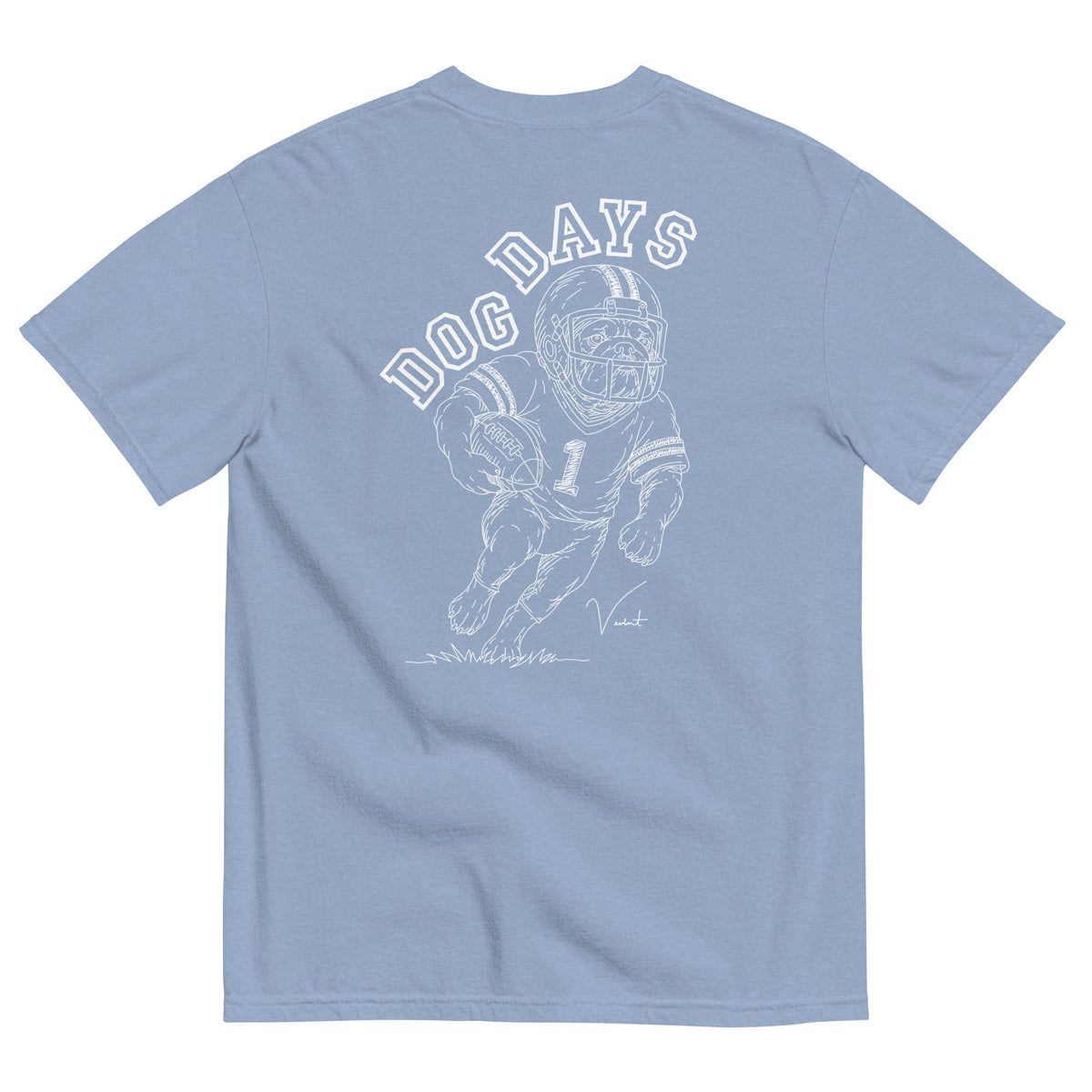 Dog Days Fumble tee in washed denim, back with hand-drawn bulldog football player under arched DOG DAYS lettering