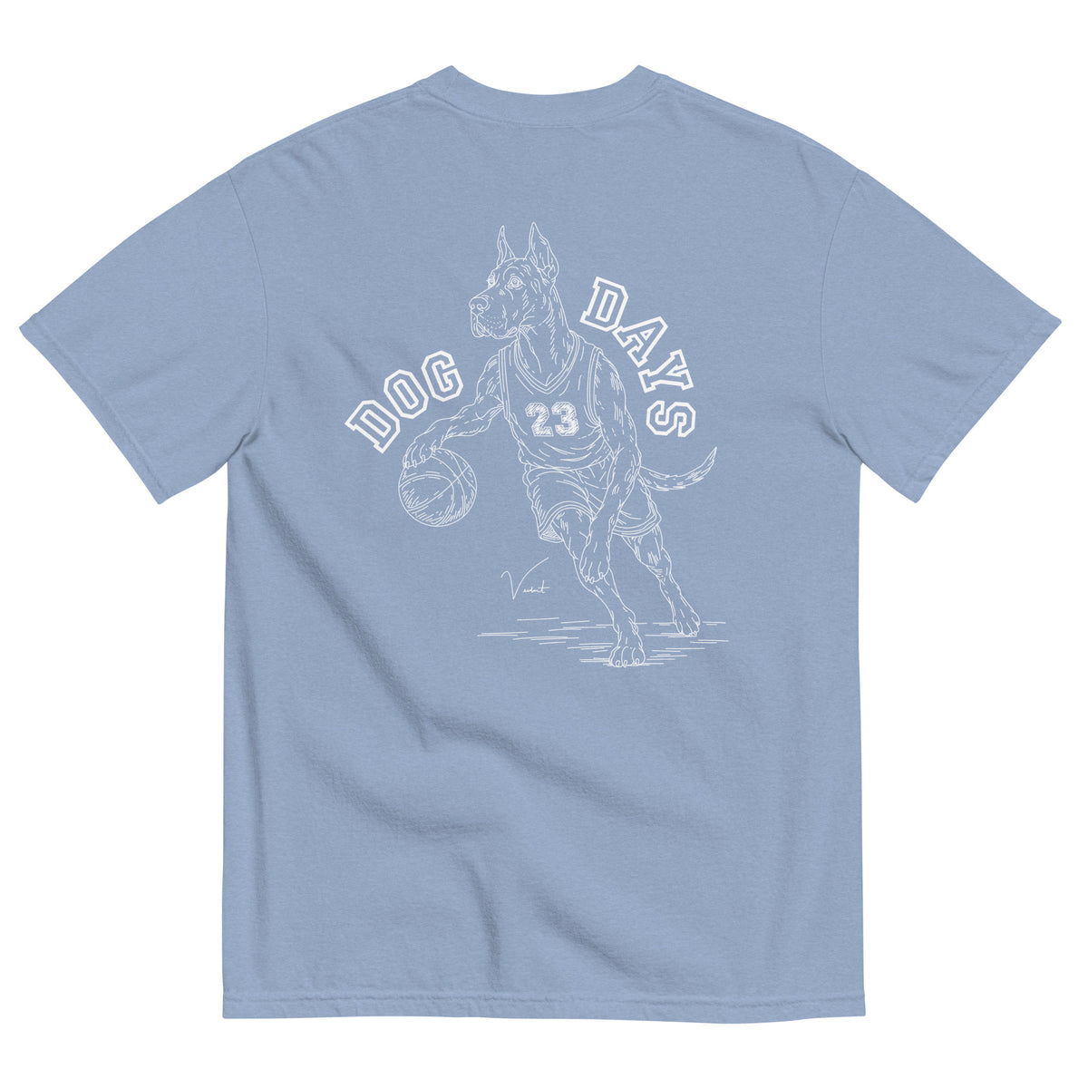 Dog Days Airball tee in washed denim, back with hand-drawn Great Dane basketball player under arched DOG DAYS lettering