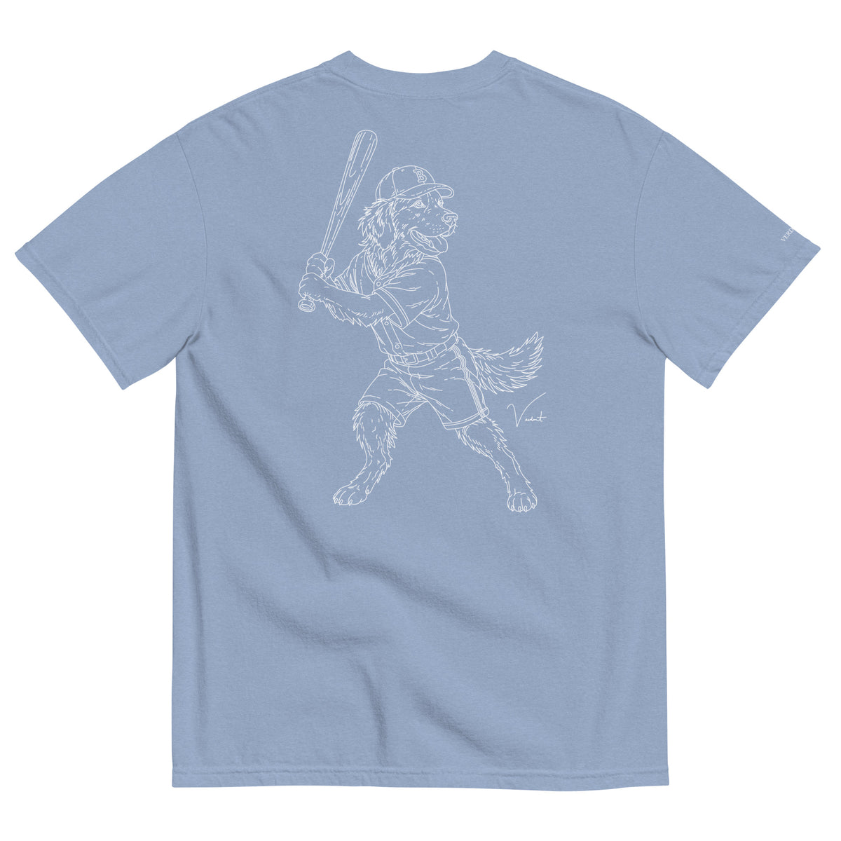 Dog Days Whiff tee in washed denim, back with hand-drawn golden retriever batter in a ball cap
