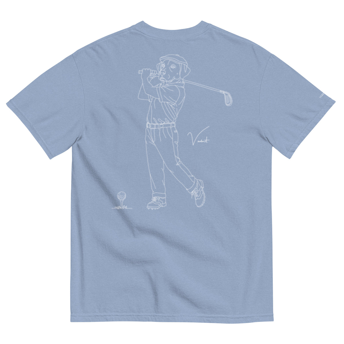 Dog Days Mulligan tee in washed denim, back with hand-drawn lab golfer mid-swing and a ball on a tee