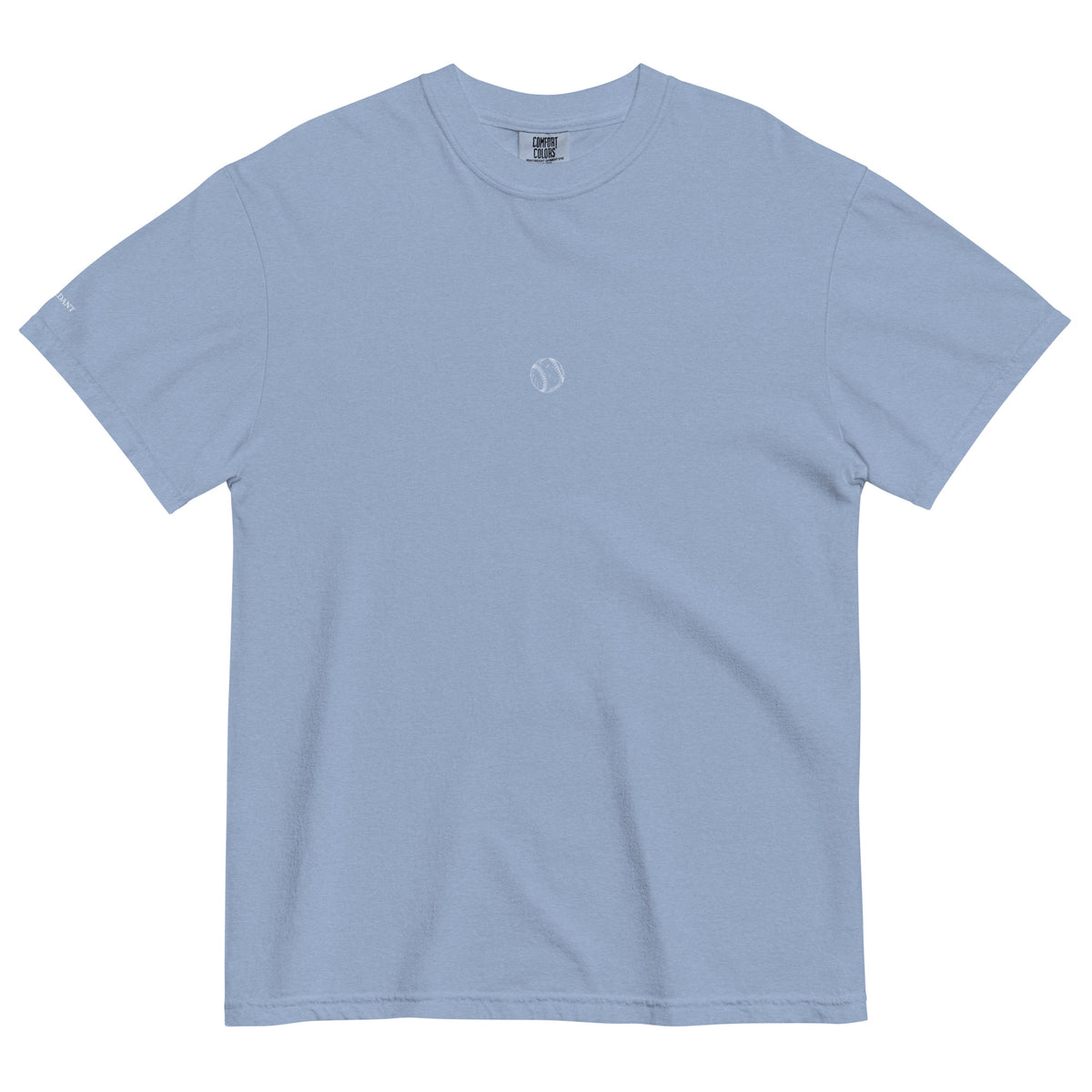 Dog Days Whiff tee in washed denim, front with small baseball chest graphic