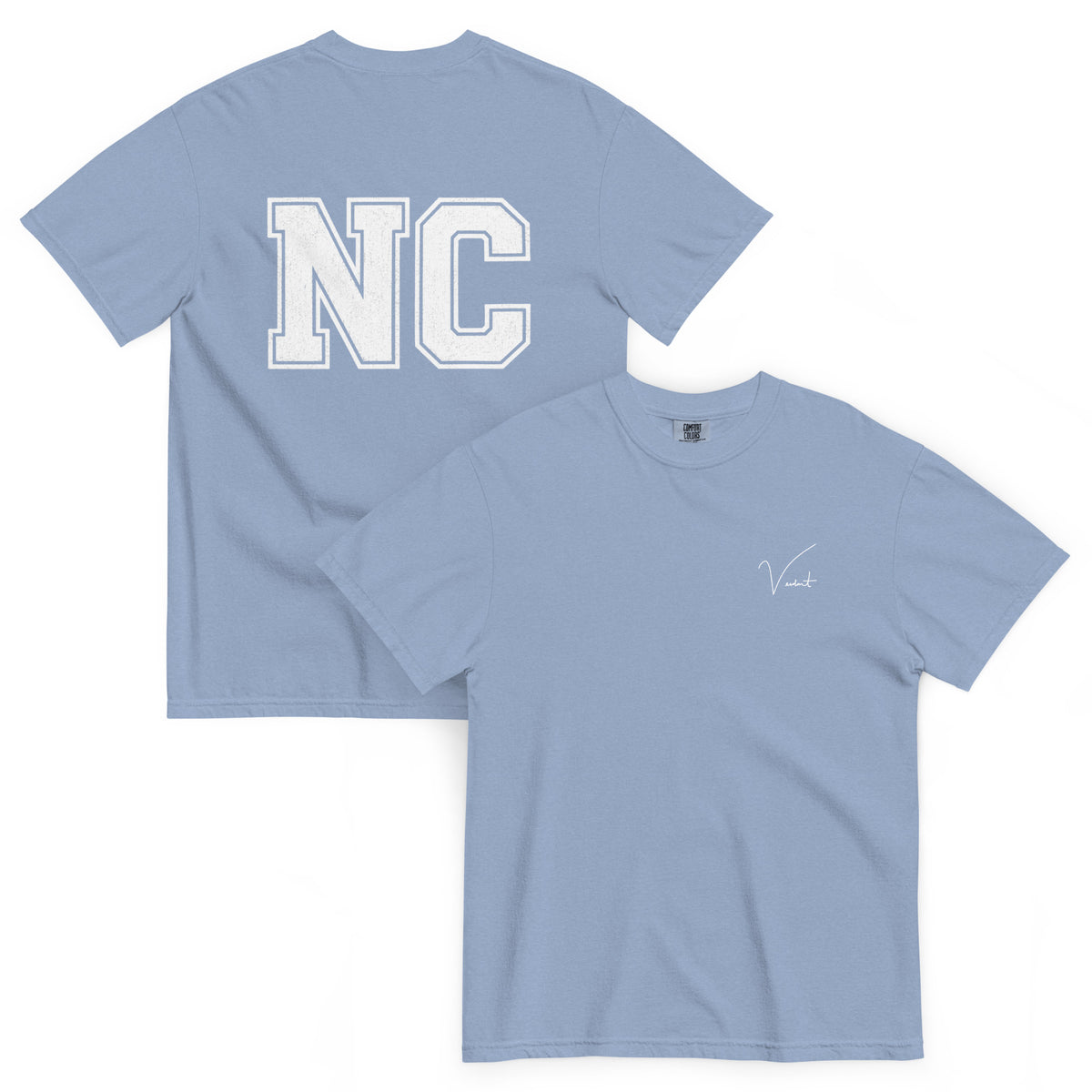 Old North State Midweight Tee in Washed Denim - front and back, vintage NC block lettering